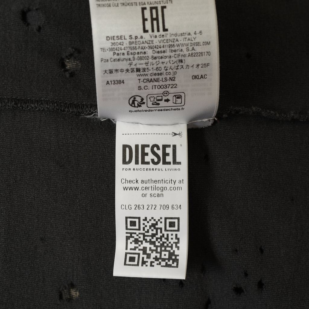 DIESEL ディーゼル / モーガン蔵人 着用 / 美品 24SS T-Crane-Ls-N2 T-Shirt 長袖Tシャツ / A13384 / size XS (BLACK) 352187-in-ue