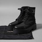 CELINE セリーヌ / 美品 トリオンフ バルキー レースアップブーツ ナイロン＆シャイニーブル / size 36 (23cm) BLACK レディース シューズ