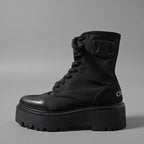 CELINE セリーヌ / 美品 トリオンフ バルキー レースアップブーツ ナイロン＆シャイニーブル / size 36 (23cm) BLACK レディース シューズ