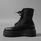 CELINE セリーヌ / 美品 トリオンフ バルキー レースアップブーツ ナイロン＆シャイニーブル / size 36 (23cm) BLACK レディース シューズ
