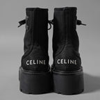 CELINE セリーヌ / 美品 トリオンフ バルキー レースアップブーツ ナイロン＆シャイニーブル / size 36 (23cm) BLACK レディース シューズ