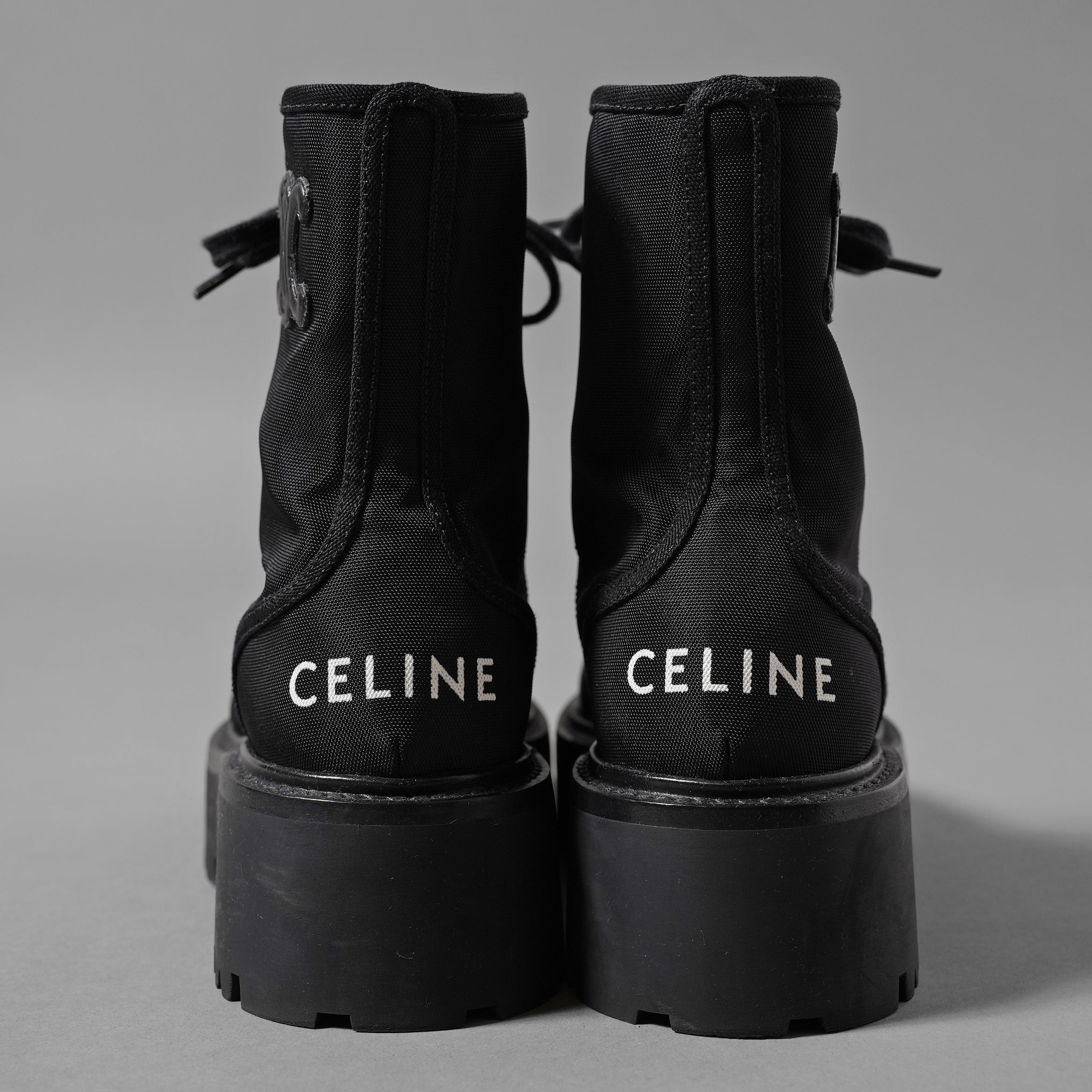 CELINE セリーヌ / 美品 トリオンフ バルキー レースアップブーツ ナイロン＆シャイニーブル / size 36 (23cm) BLACK レディース シューズ