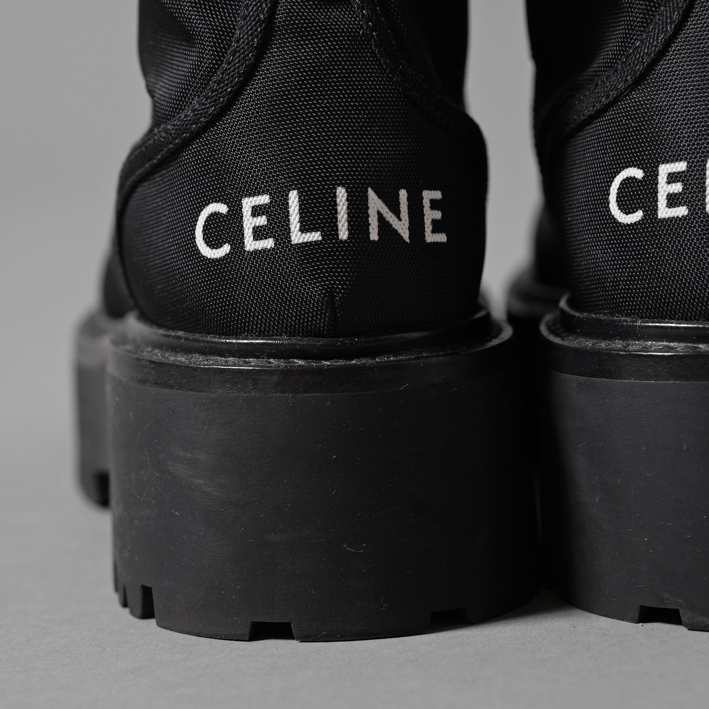 CELINE セリーヌ / 美品 トリオンフ バルキー レースアップブーツ ナイロン＆シャイニーブル / size 36 (23cm) BLACK レディース シューズ
