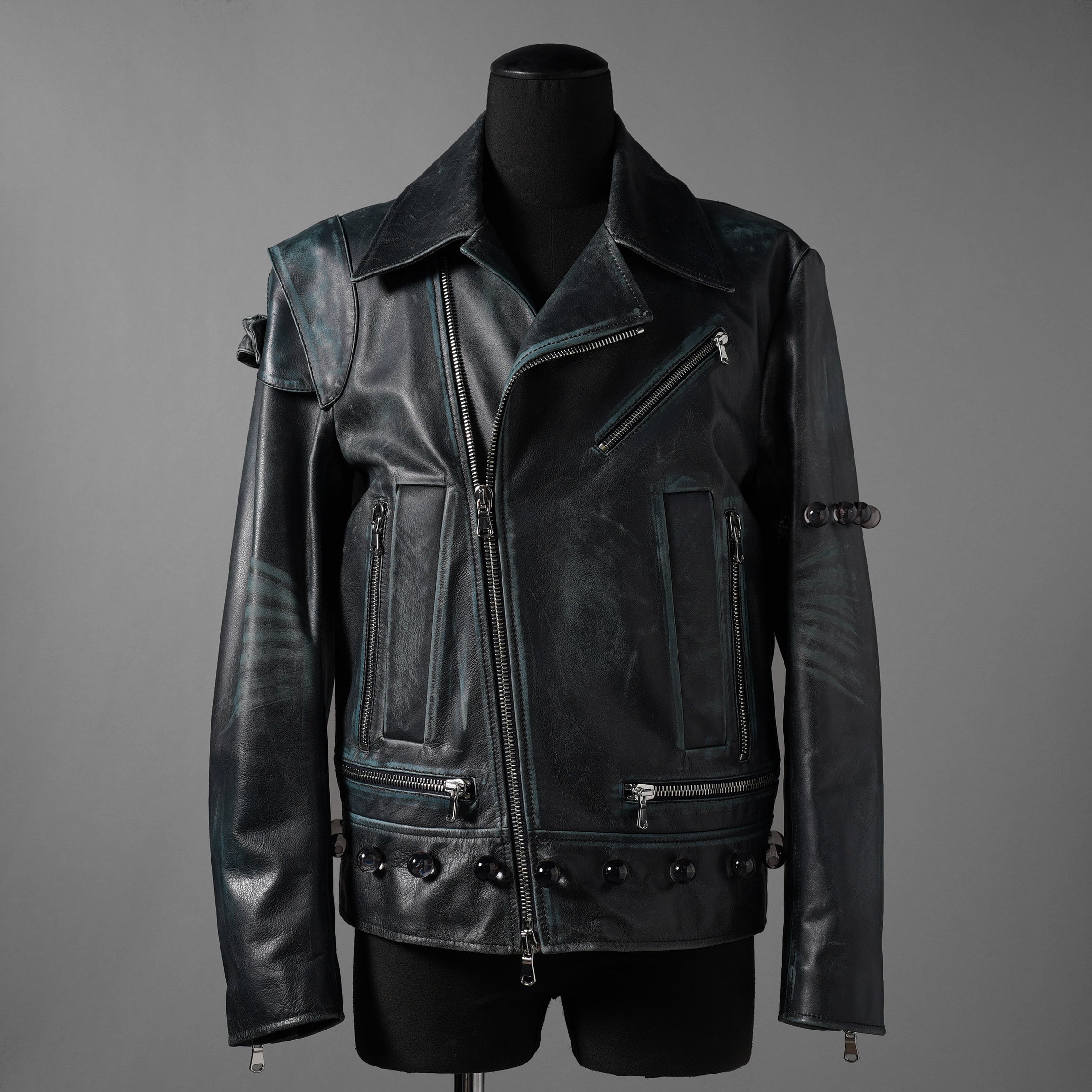 希少 NAMACHEKO ナマチェコ / 23SS 美品 SINE LEATHER JACKET / ダブルライダース ジャケット / size S (DEEP SEA)