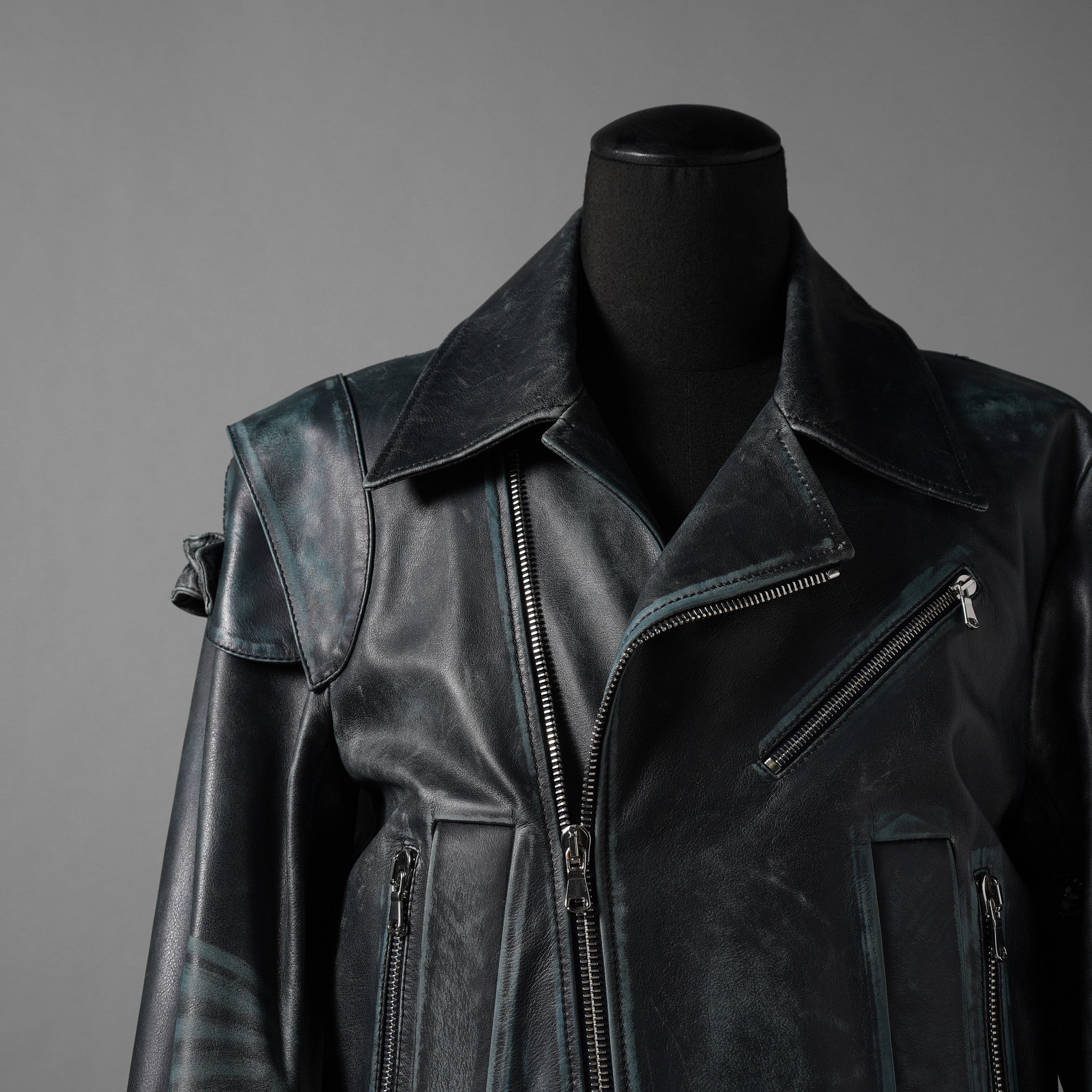 希少 NAMACHEKO ナマチェコ / 23SS 美品 SINE LEATHER JACKET / ダブルライダース ジャケット / size S (DEEP SEA)