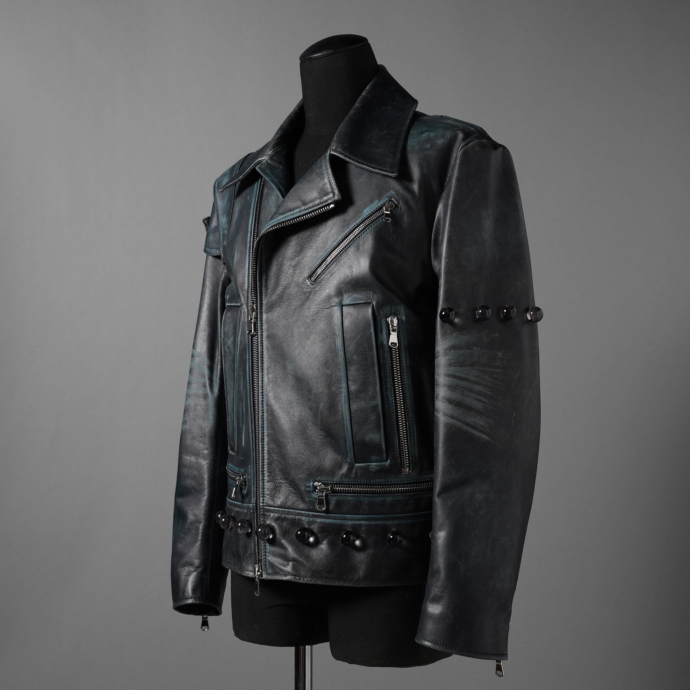 希少 NAMACHEKO ナマチェコ / 23SS 美品 SINE LEATHER JACKET / ダブルライダース ジャケット / size S (DEEP SEA)