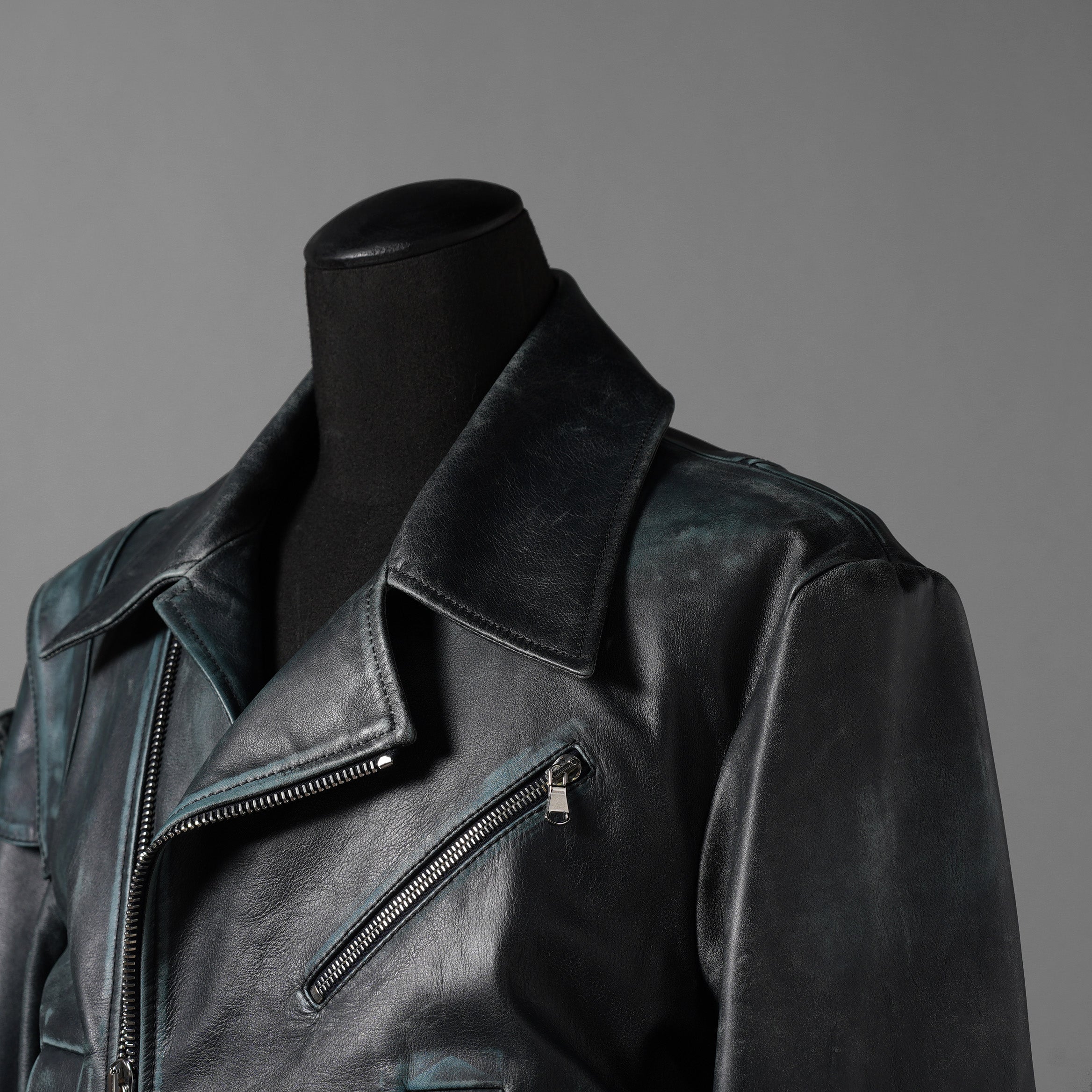 希少 NAMACHEKO ナマチェコ / 23SS 美品 SINE LEATHER JACKET / ダブルライダース ジャケット / size S (DEEP SEA)