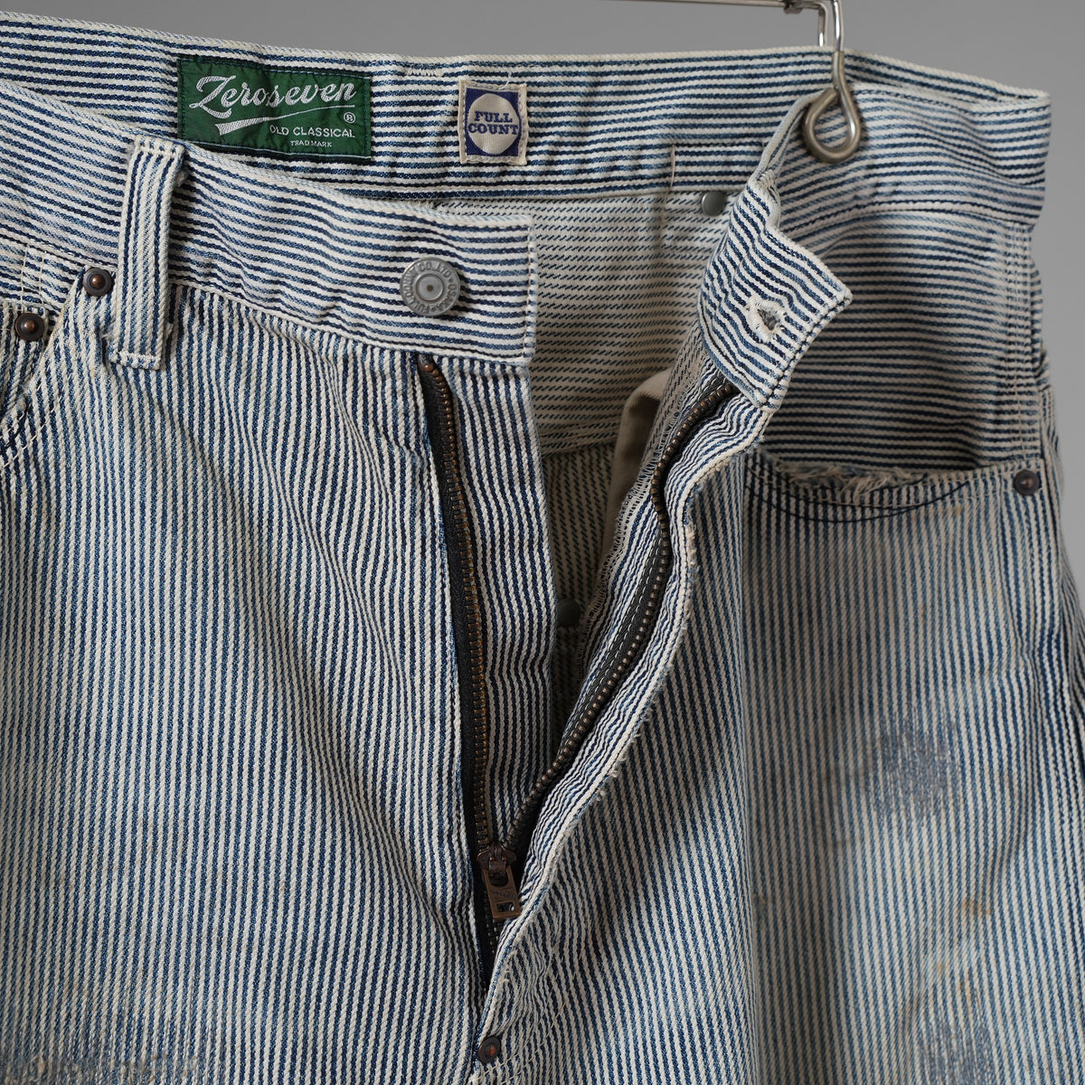 FULLCOUNT × N/07 × LOOM トリプルコラボ / 25AW exclusive STRAIGHT PAINTER TROUSERS ストレート ペインター トラウザーズ ヴィンテージ加工 ヒッコリーストライプ パンツ / size M (NAVY) 123070-alm