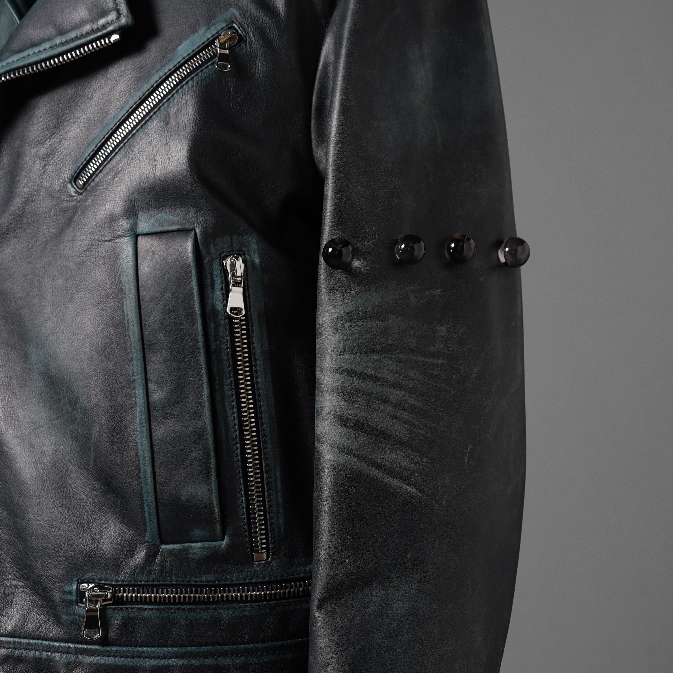 希少 NAMACHEKO ナマチェコ / 23SS 美品 SINE LEATHER JACKET / ダブルライダース ジャケット / size S (DEEP SEA)