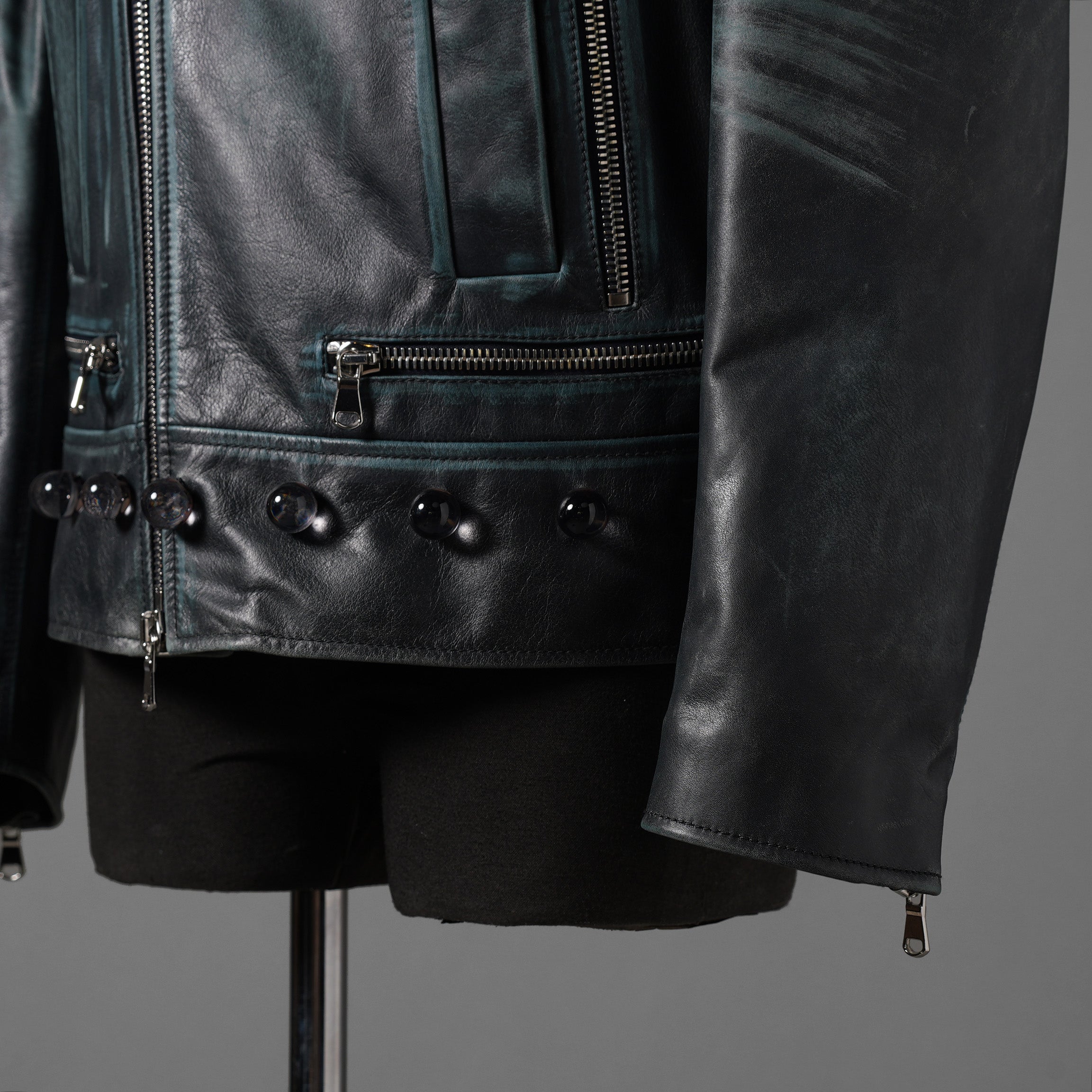 希少 NAMACHEKO ナマチェコ / 23SS 美品 SINE LEATHER JACKET / ダブルライダース ジャケット / size S (DEEP SEA)