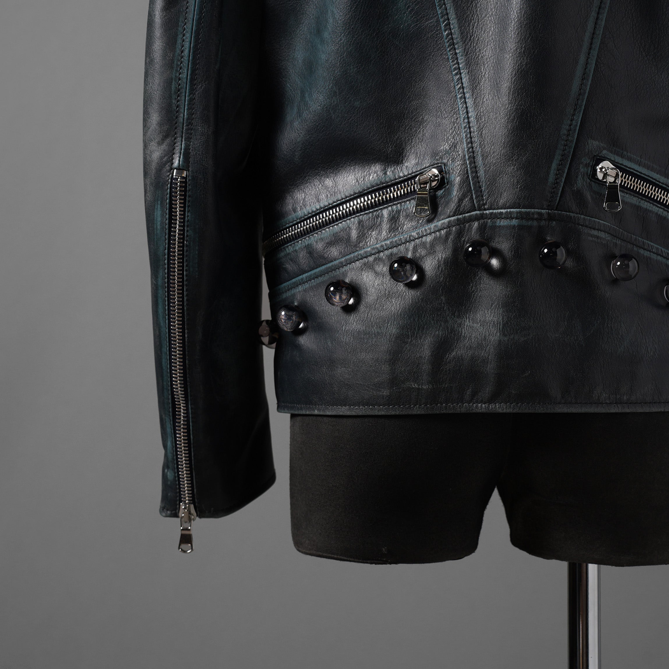希少 NAMACHEKO ナマチェコ / 23SS 美品 SINE LEATHER JACKET / ダブルライダース ジャケット / size S (DEEP SEA)