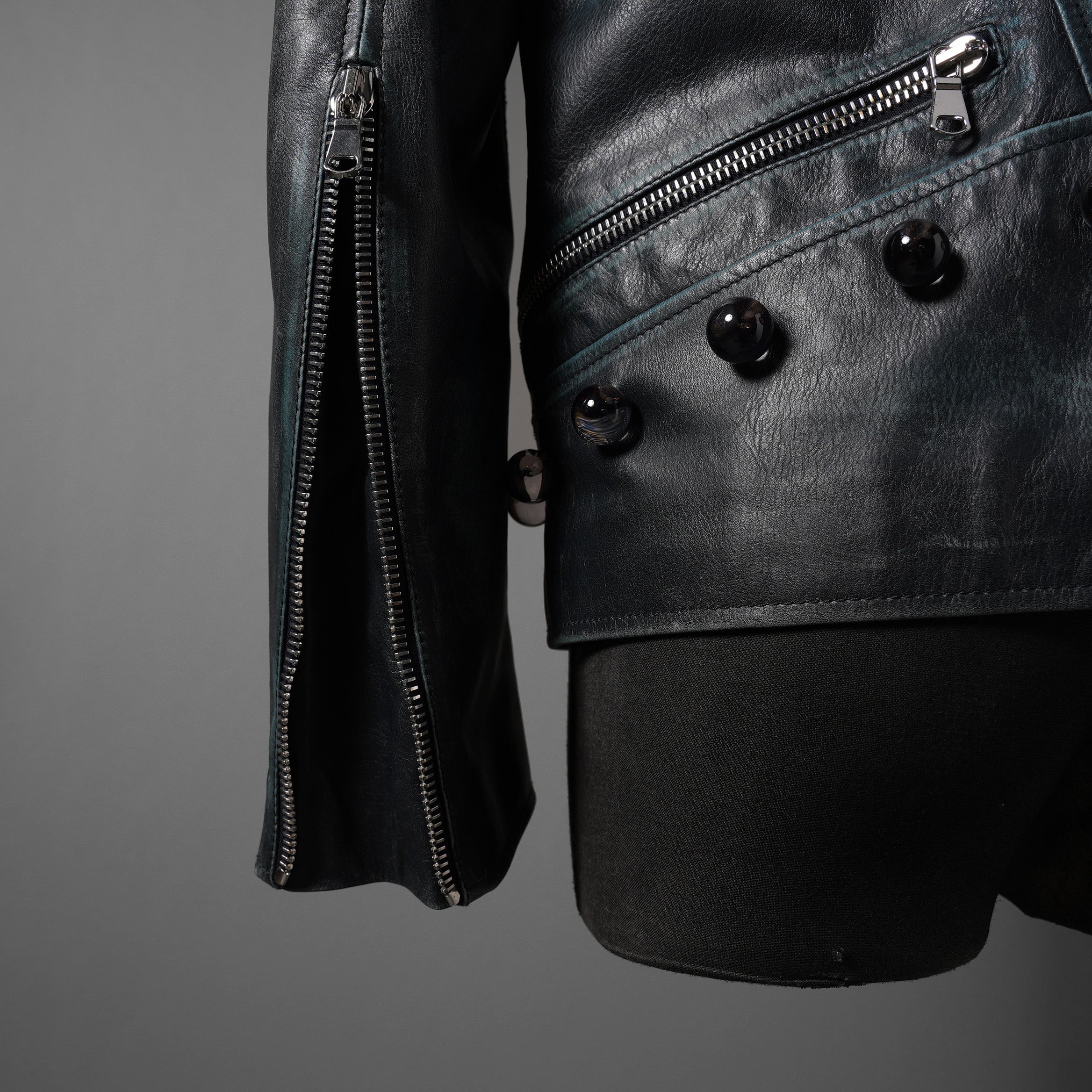 希少 NAMACHEKO ナマチェコ / 23SS 美品 SINE LEATHER JACKET / ダブルライダース ジャケット / size S (DEEP SEA)