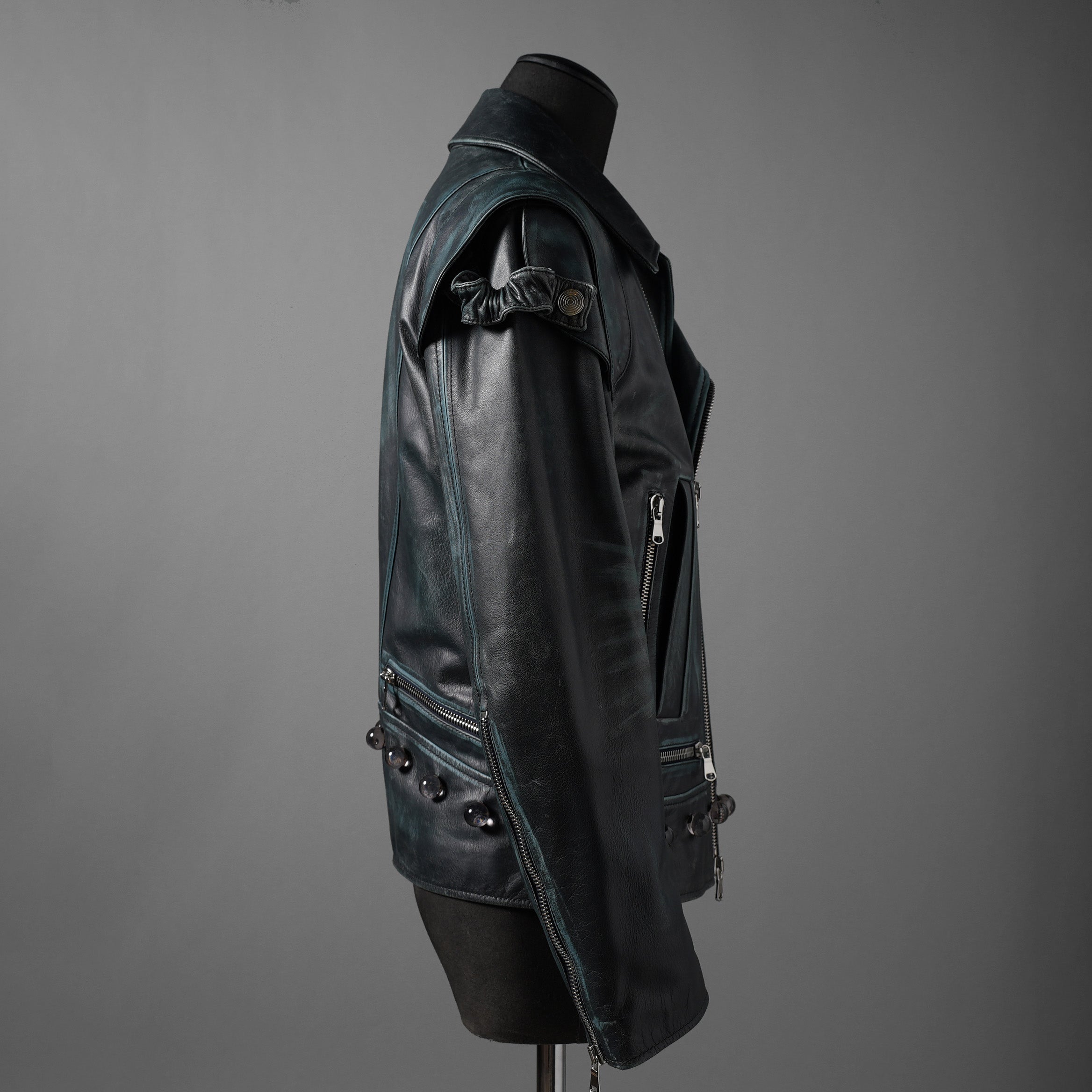 希少 NAMACHEKO ナマチェコ / 23SS 美品 SINE LEATHER JACKET / ダブルライダース ジャケット / size S (DEEP SEA)