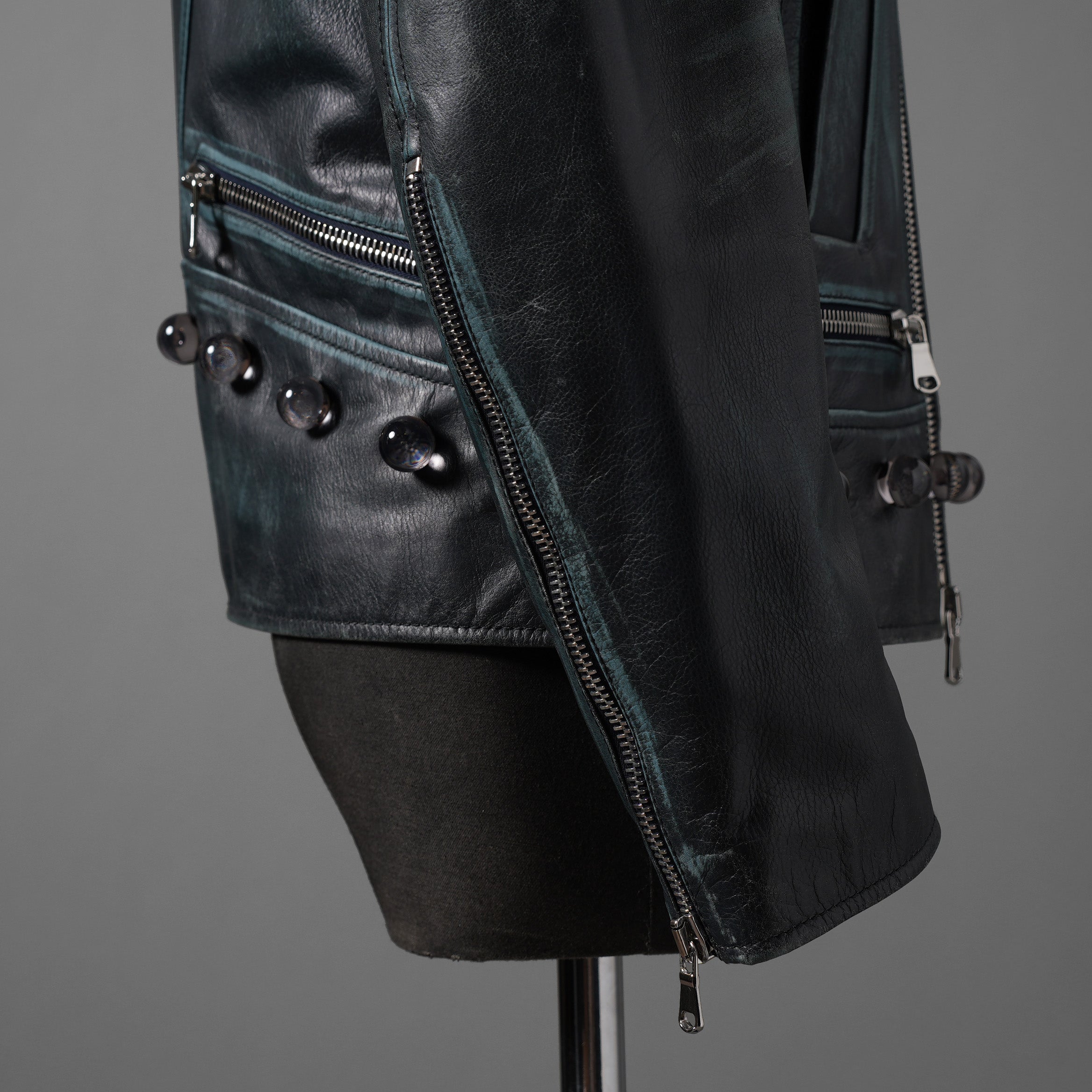 希少 NAMACHEKO ナマチェコ / 23SS 美品 SINE LEATHER JACKET / ダブルライダース ジャケット / size S (DEEP SEA)