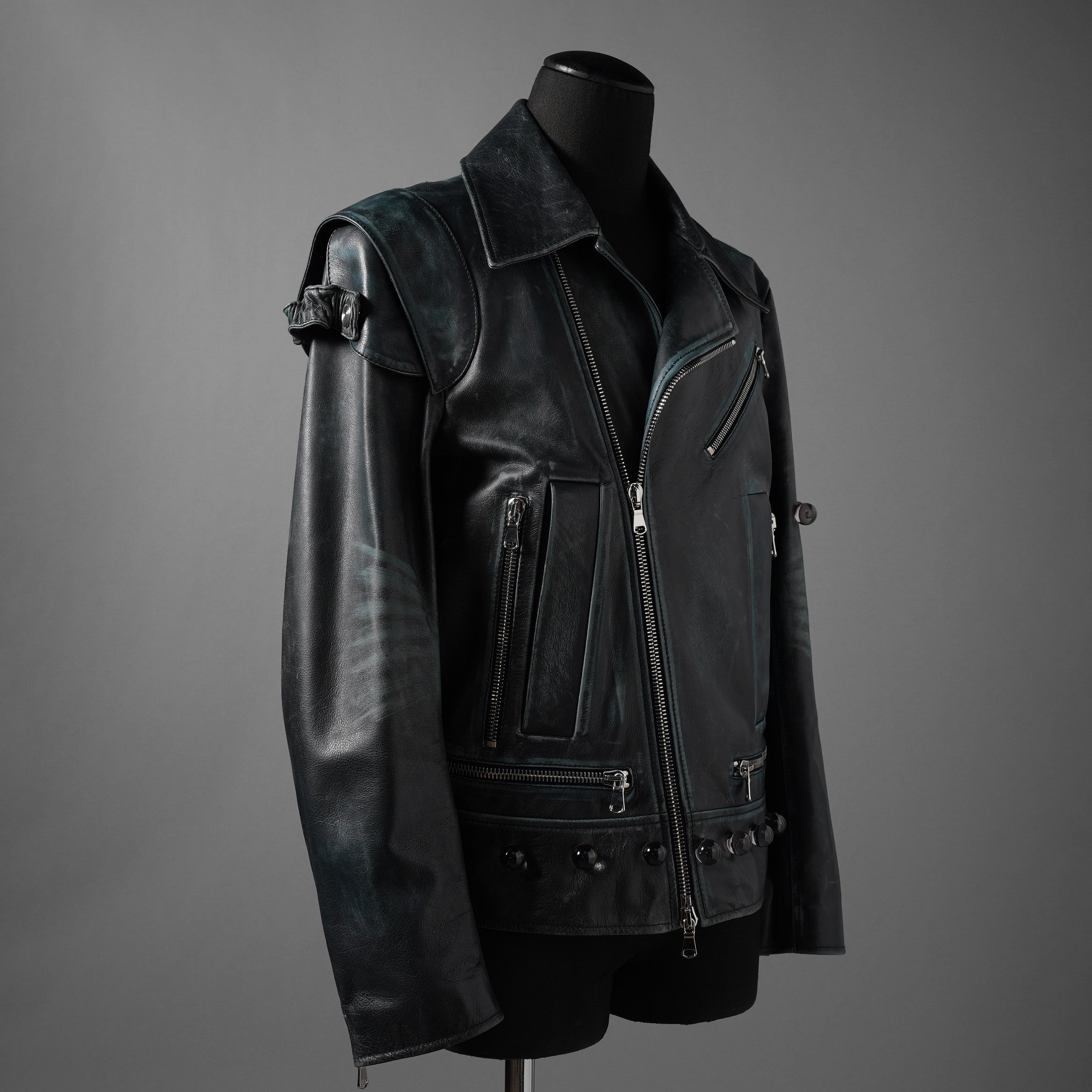 希少 NAMACHEKO ナマチェコ / 23SS 美品 SINE LEATHER JACKET / ダブルライダース ジャケット / size S (DEEP SEA)