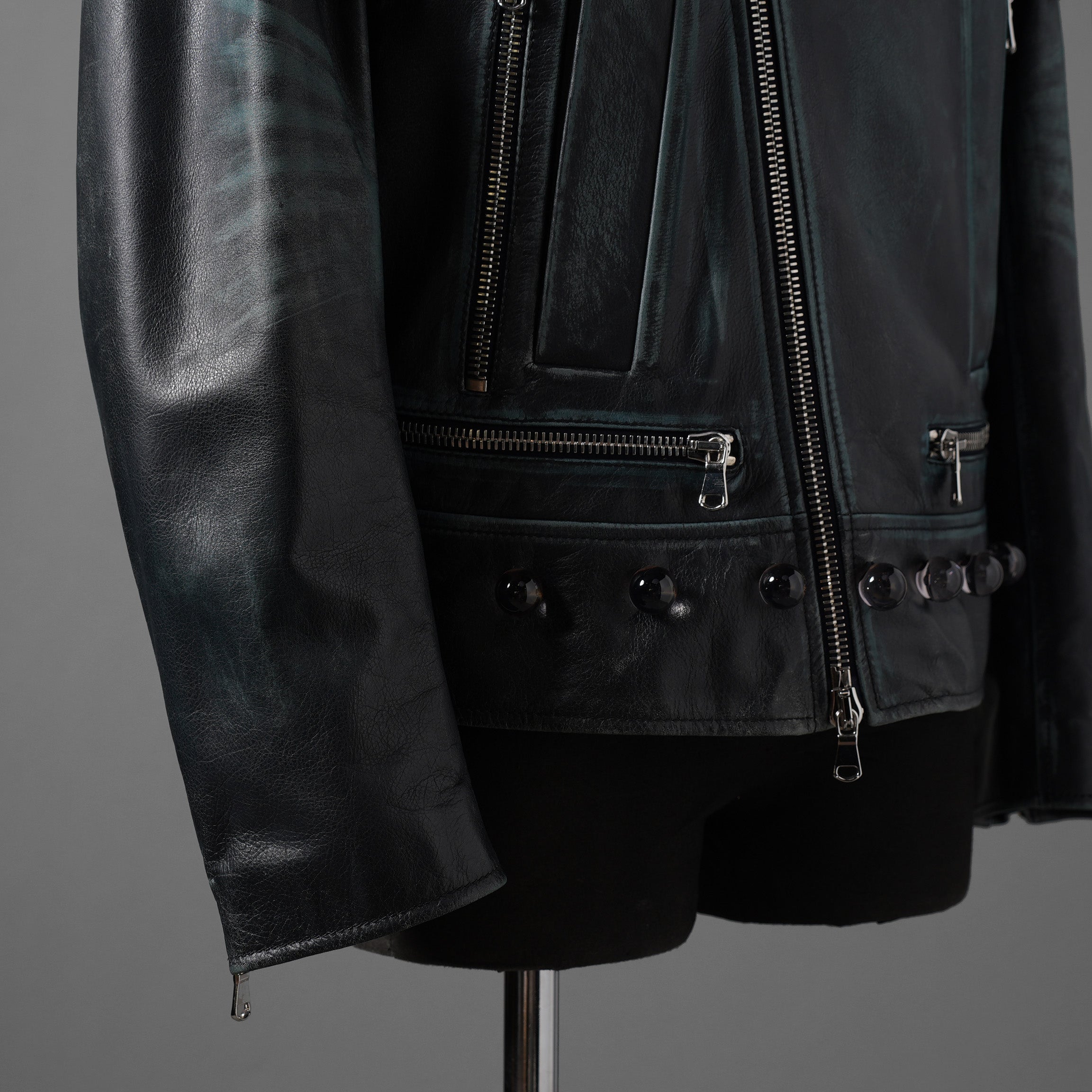 希少 NAMACHEKO ナマチェコ / 23SS 美品 SINE LEATHER JACKET / ダブルライダース ジャケット / size S (DEEP SEA)
