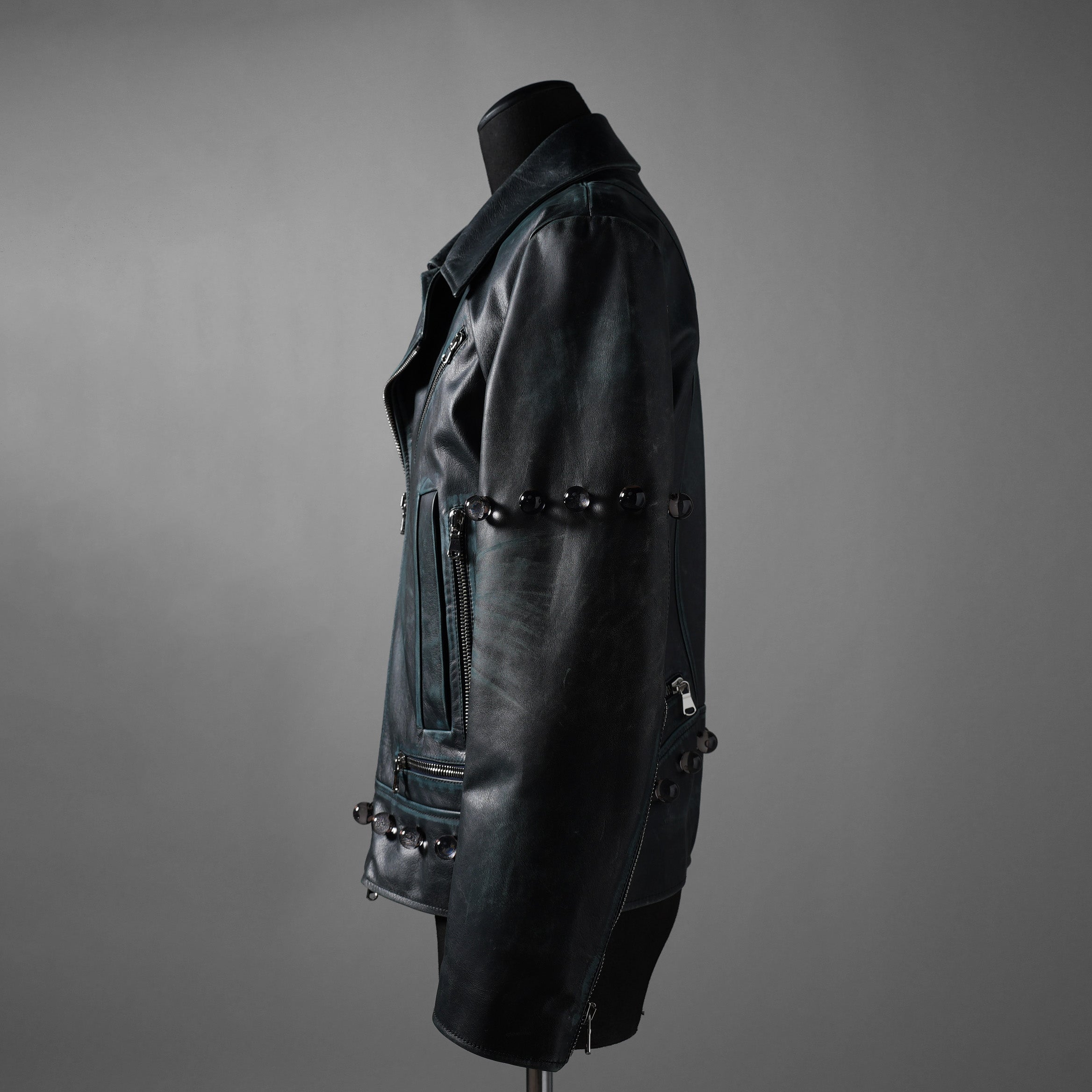 希少 NAMACHEKO ナマチェコ / 23SS 美品 SINE LEATHER JACKET / ダブルライダース ジャケット / size S (DEEP SEA)