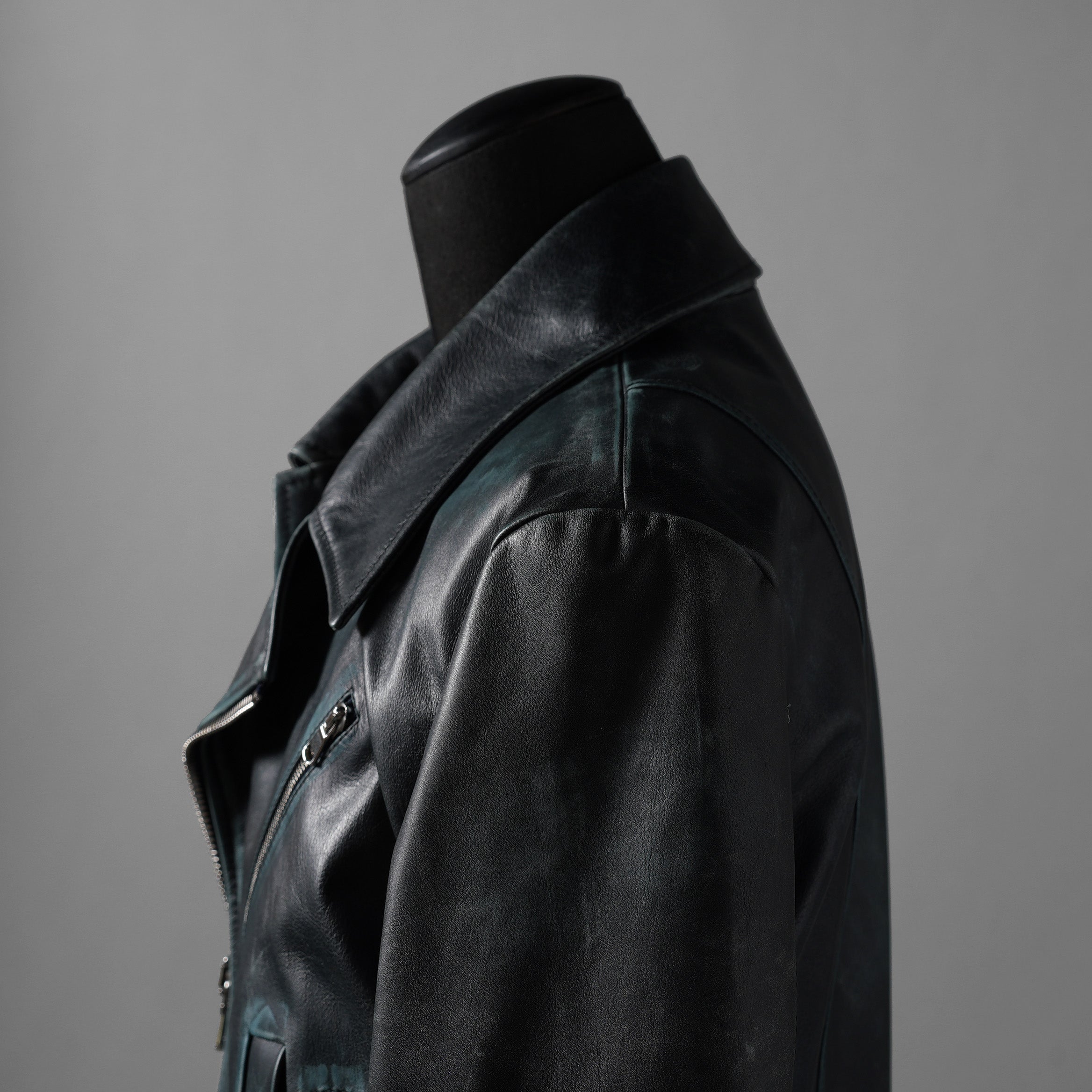 希少 NAMACHEKO ナマチェコ / 23SS 美品 SINE LEATHER JACKET / ダブルライダース ジャケット / size S (DEEP SEA)