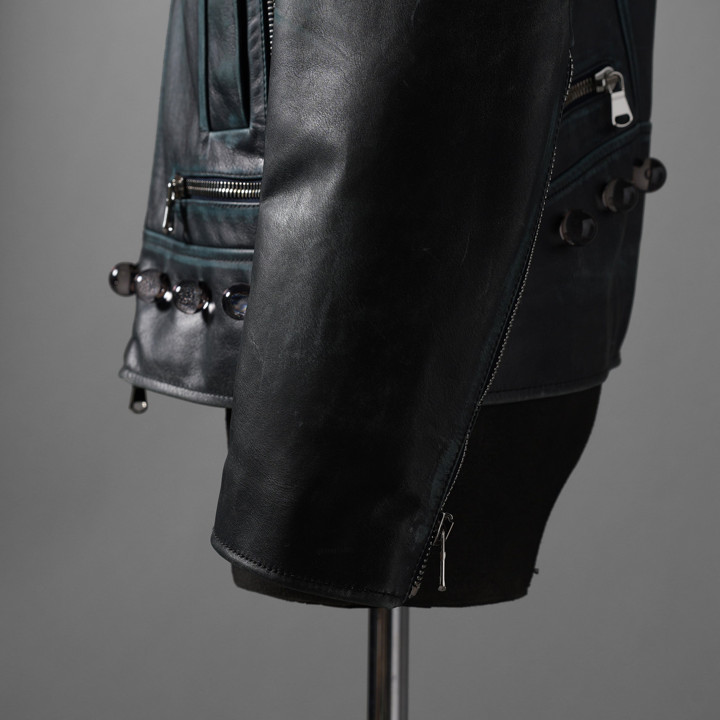 希少 NAMACHEKO ナマチェコ / 23SS 美品 SINE LEATHER JACKET / ダブルライダース ジャケット / size S (DEEP SEA)