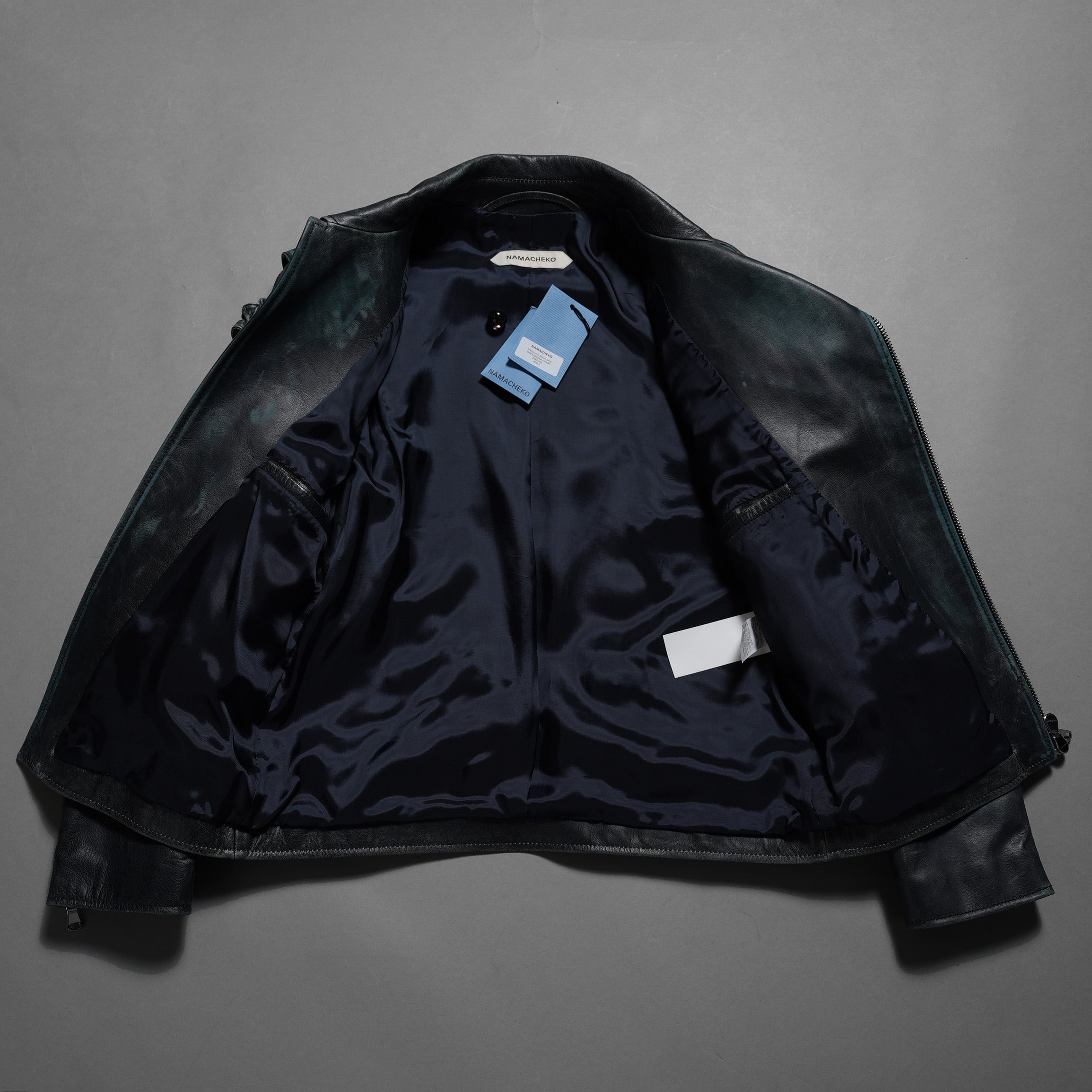 希少 NAMACHEKO ナマチェコ / 23SS 美品 SINE LEATHER JACKET / ダブルライダース ジャケット / size S (DEEP SEA)