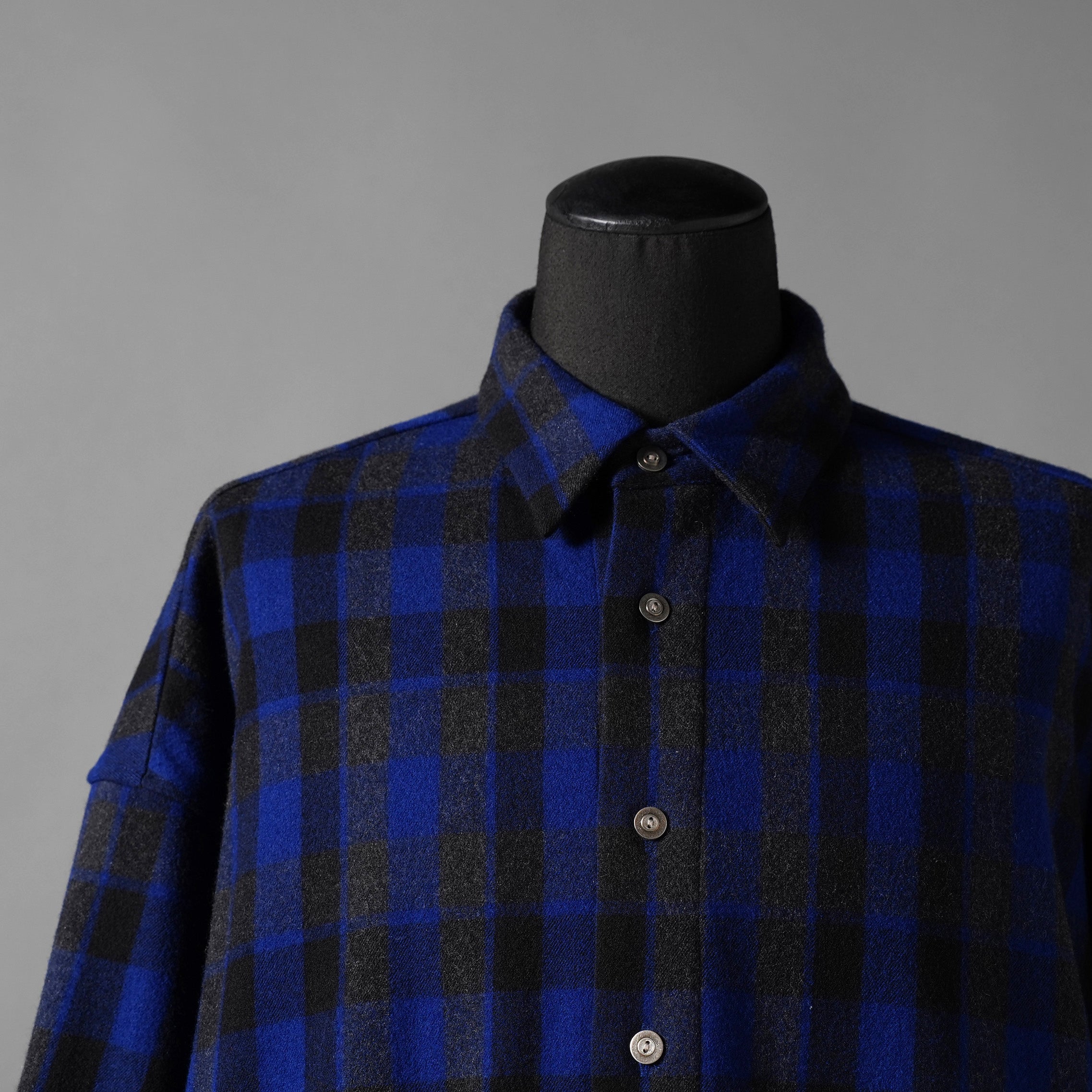 新品 ISAMU KATAYAMA BACKLASH イサムカタヤマ バックラッシュ / 19AW オーバーサイズ 圧縮ウール チェックシャツ / 長袖シャツ / 1859-02 / size M (BLUE)