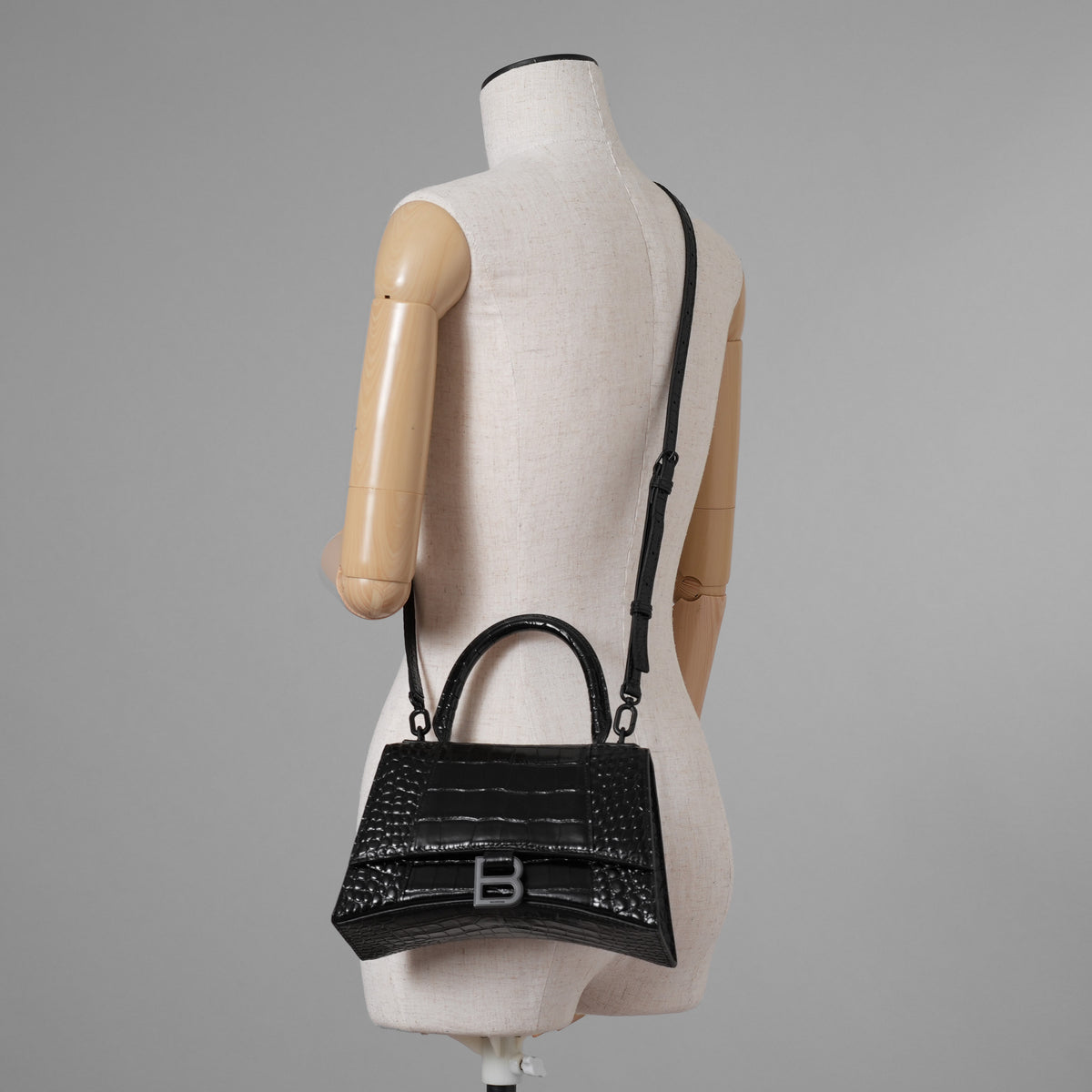 BALENCIAGA バレンシアガ / 美品 アワーグラス Hourglass クロコダイル型押し ショルダーバッグ ハンド バッグ / サイズ S (BLACK) レディース アクセサリー 352207-izm