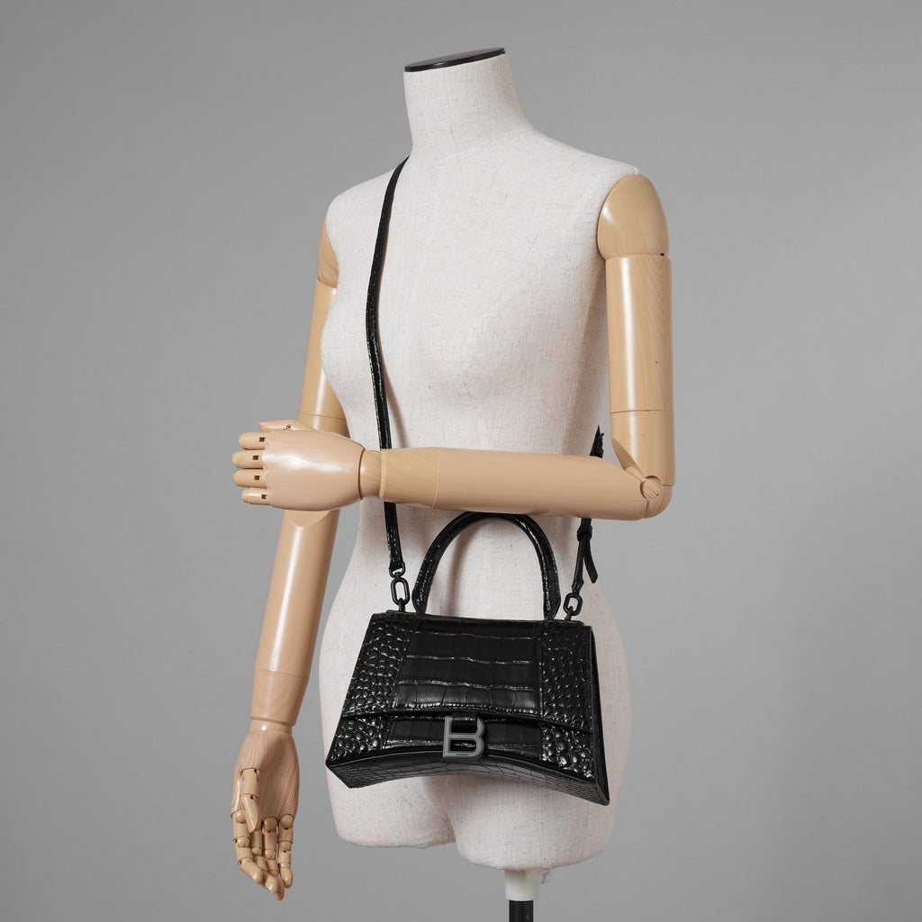 BALENCIAGA バレンシアガ / 美品 アワーグラス Hourglass クロコダイル型押し ショルダーバッグ ハンド バッグ / サイズ S (BLACK) レディース アクセサリー 352207-izm