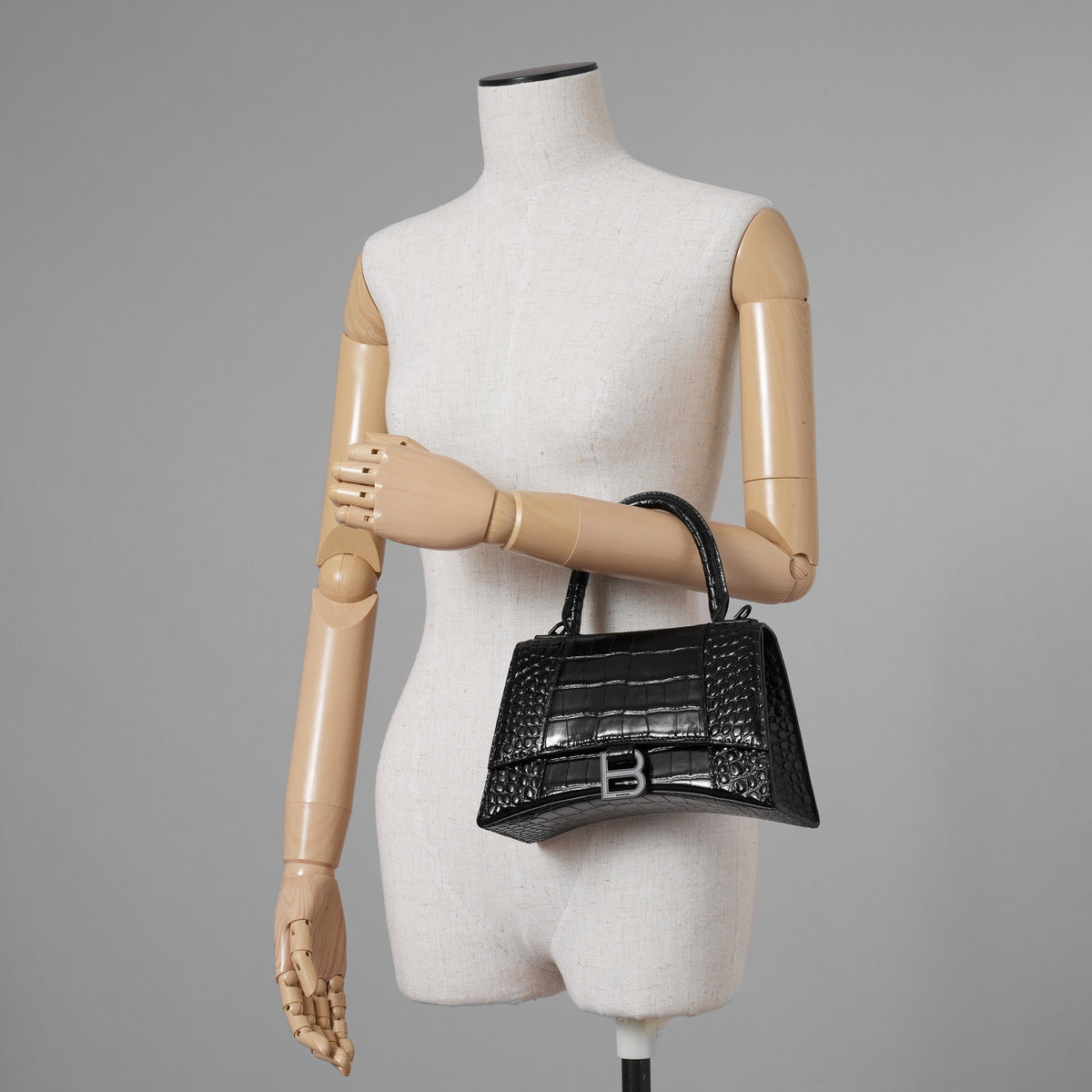 BALENCIAGA バレンシアガ / 美品 アワーグラス Hourglass クロコダイル型押し ショルダーバッグ ハンド バッグ / サイズ S (BLACK) レディース アクセサリー 352207-izm