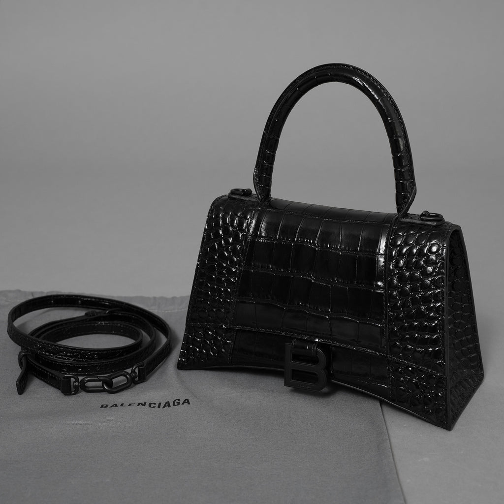BALENCIAGA バレンシアガ / 美品 アワーグラス Hourglass クロコダイル型押し ショルダーバッグ ハンド バッグ / サイズ S (BLACK) レディース アクセサリー 352207-izm
