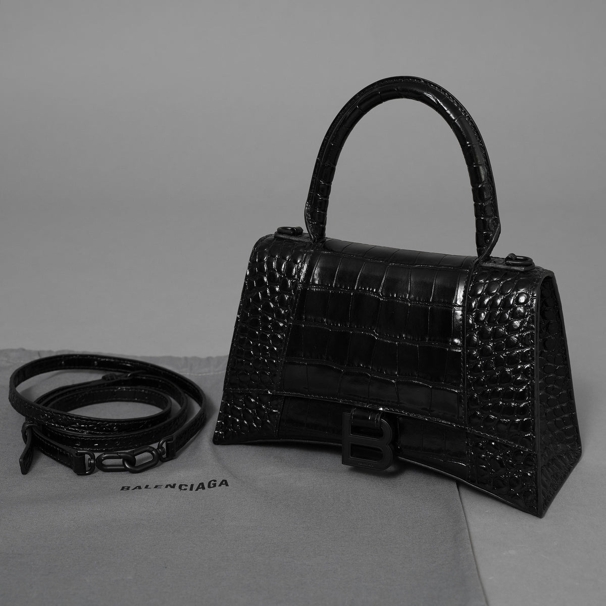 BALENCIAGA バレンシアガ / 美品 アワーグラス Hourglass クロコダイル型押し ショルダーバッグ ハンド バッグ / サイズ S (BLACK) レディース アクセサリー 352207-izm