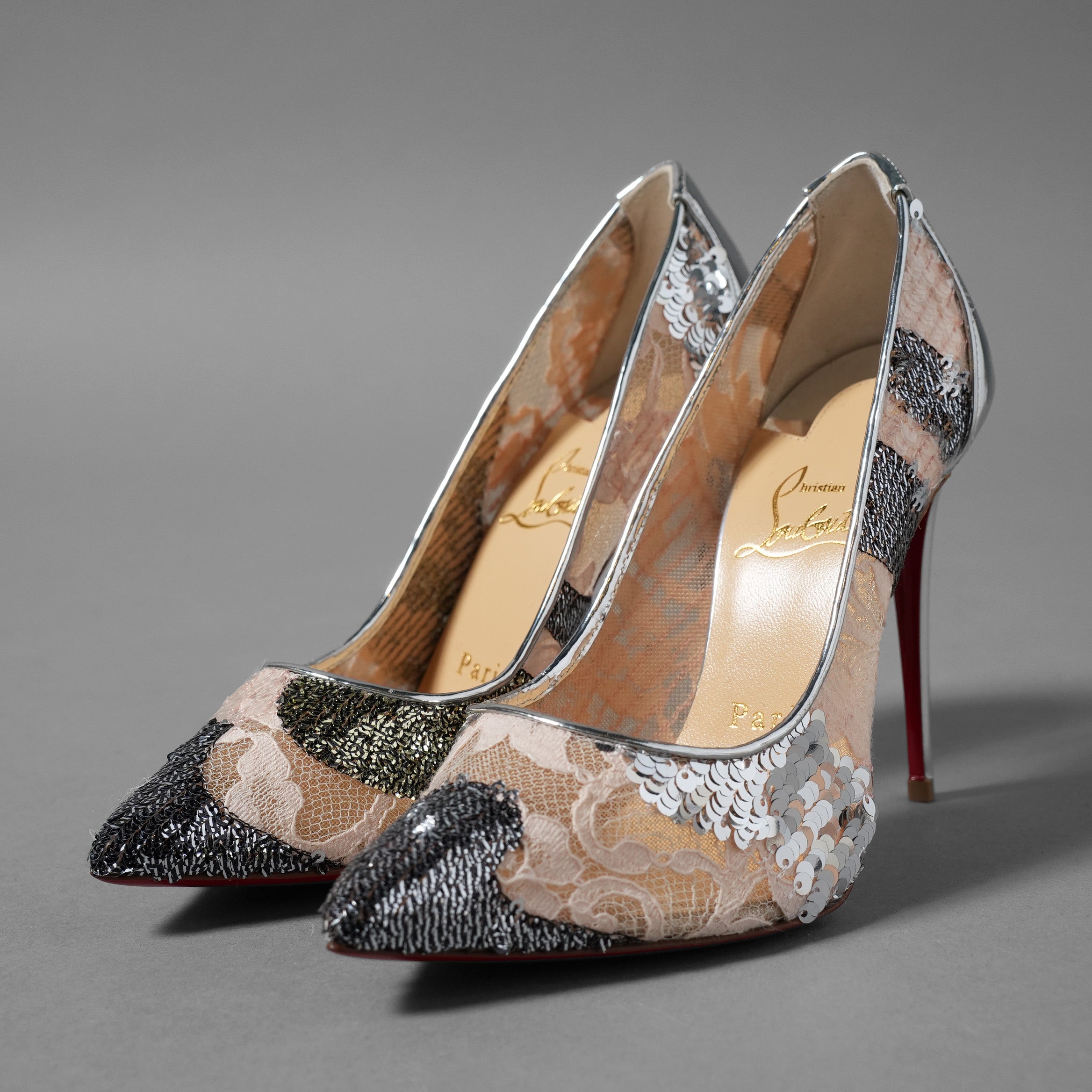 未使用 Christian Louboutin クリスチャン ルブタン / Follies Lace 100パンプス レース グリッター / size 36 (23cm) SILVER×PINK レディース