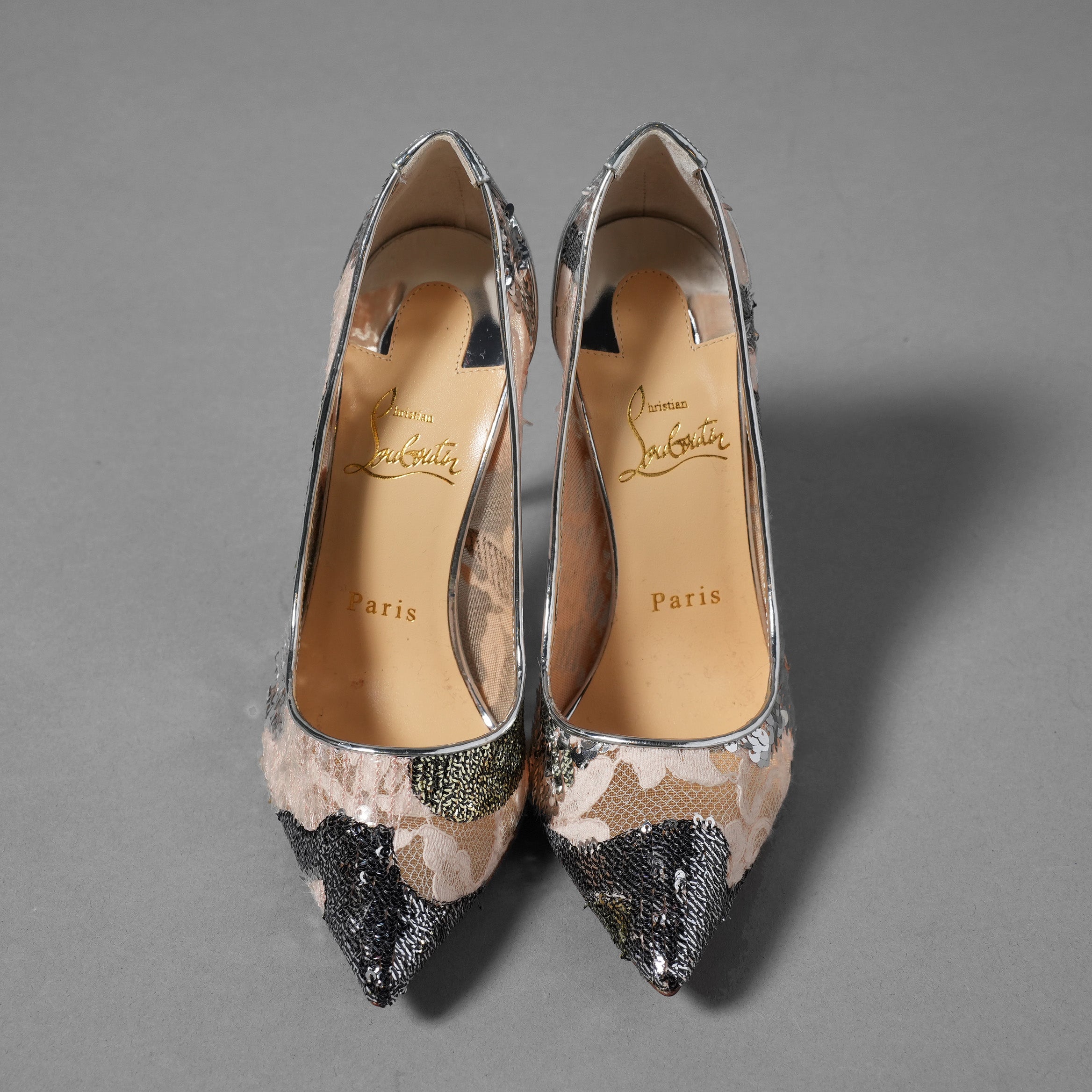 未使用 Christian Louboutin クリスチャン ルブタン / Follies Lace 100パンプス レース グリッター / size 36 (23cm) SILVER×PINK レディース