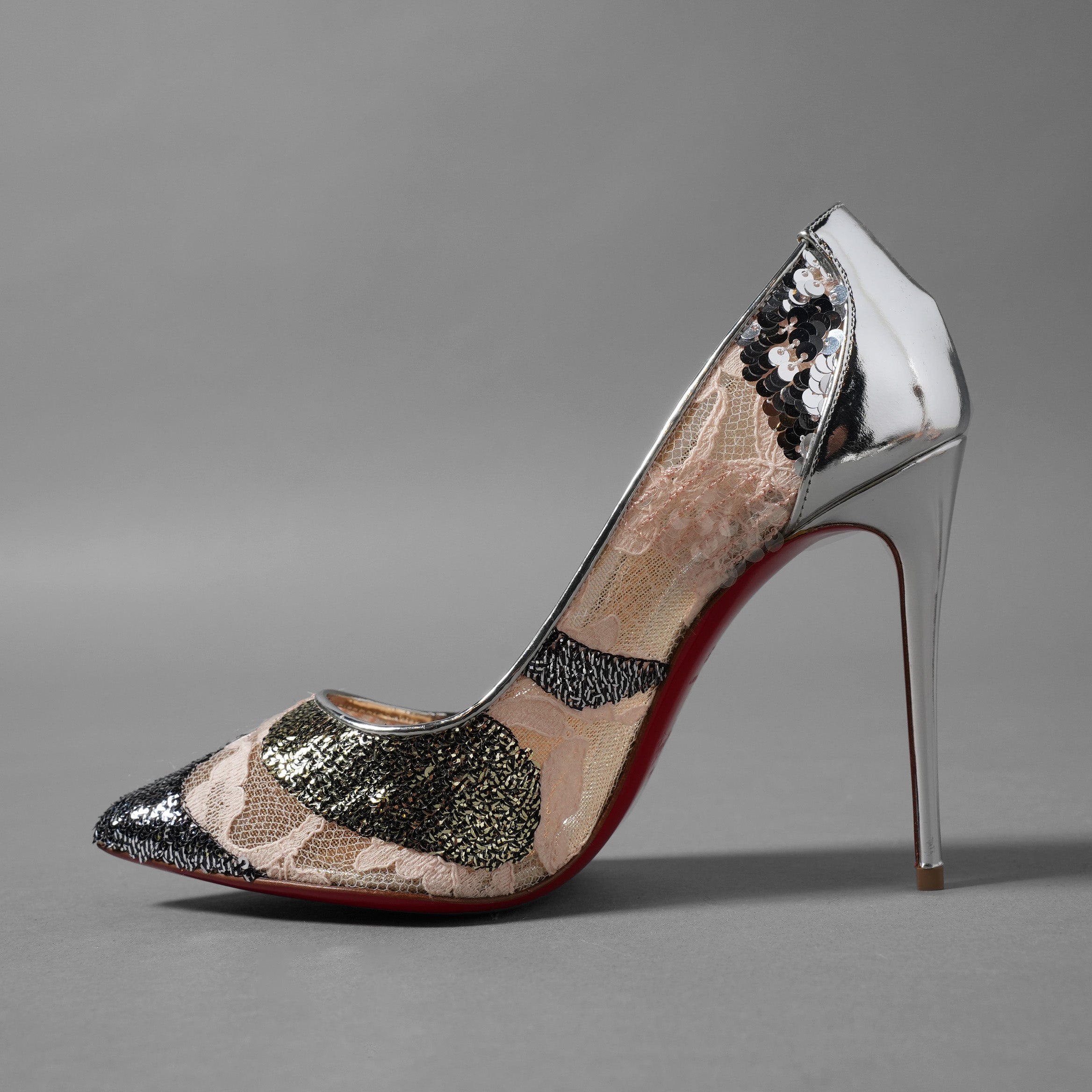 未使用 Christian Louboutin クリスチャン ルブタン / Follies Lace 100パンプス レース グリッター / size 36 (23cm) SILVER×PINK レディース