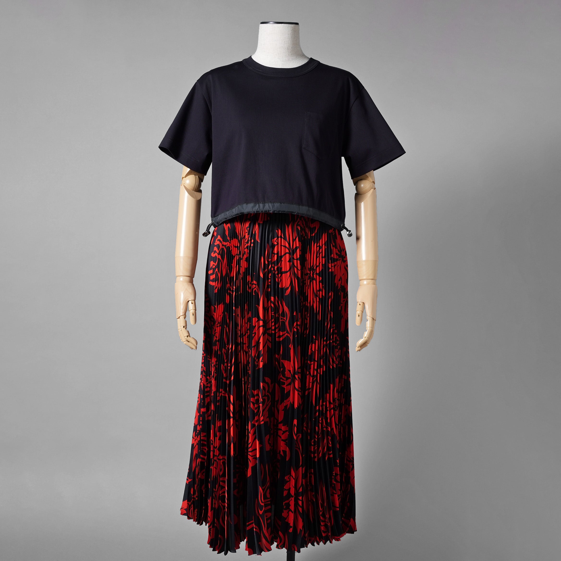 Sacai サカイ / 24SS 美品 Floral Print Cotton Jersey Dress / 花柄 ドッキング ドレス / ワンピース / 24-07058 / size 1 (NAVY x RED)