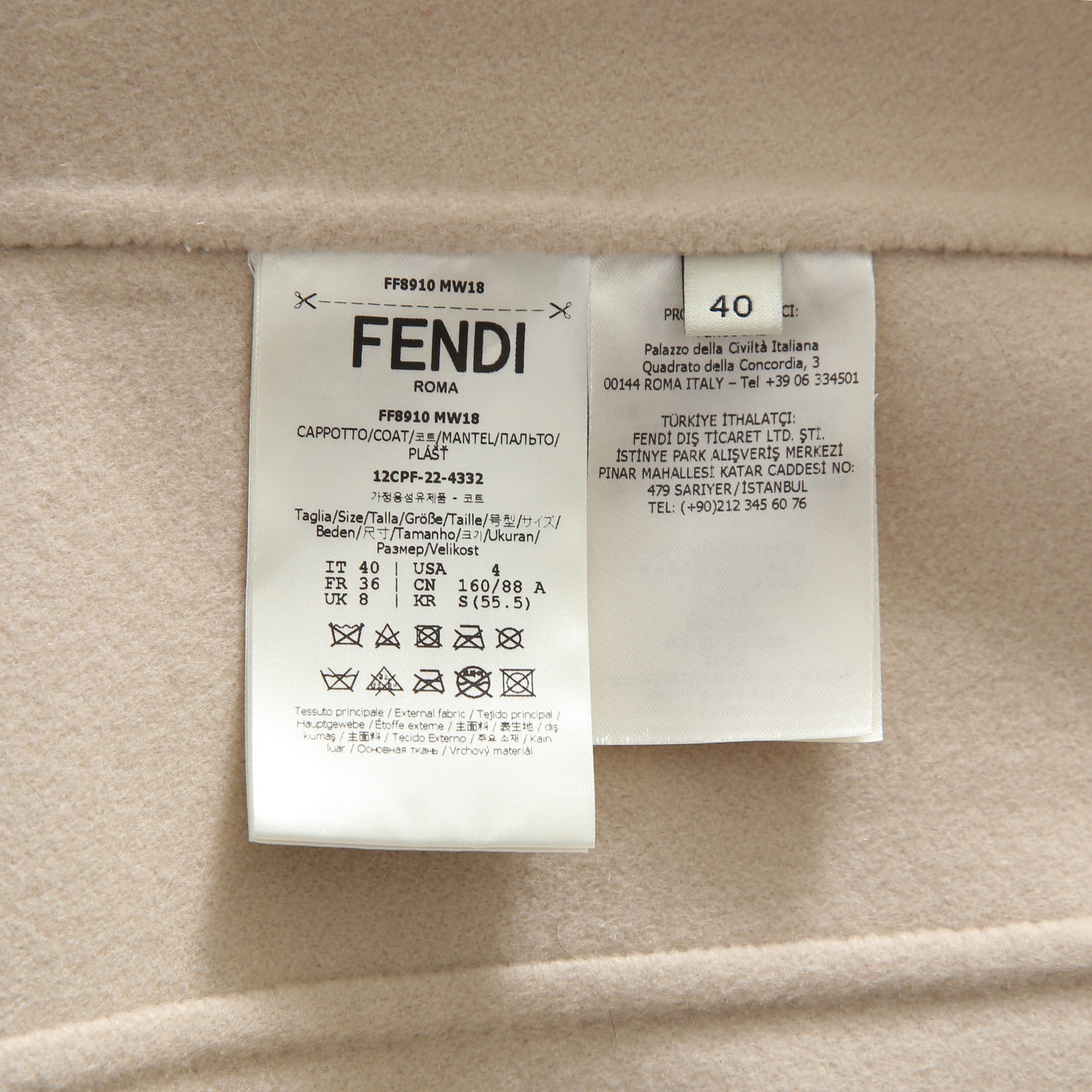 超希少 FENDI フェンディ / 美品 FFロゴ ミンクポケット / カシミア 100% ダブルコート / FF8910 MW18 / size 40  (M) PINK BEIGE