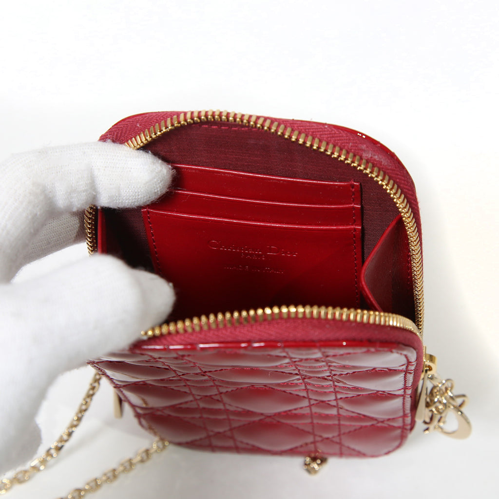 Christian Dior クリスチャンディオール / 美品 Lady Dior Call'in Dior フォンホルダー カナージュ パテントカーフスキン / ミニバッグ / CHERRY RED