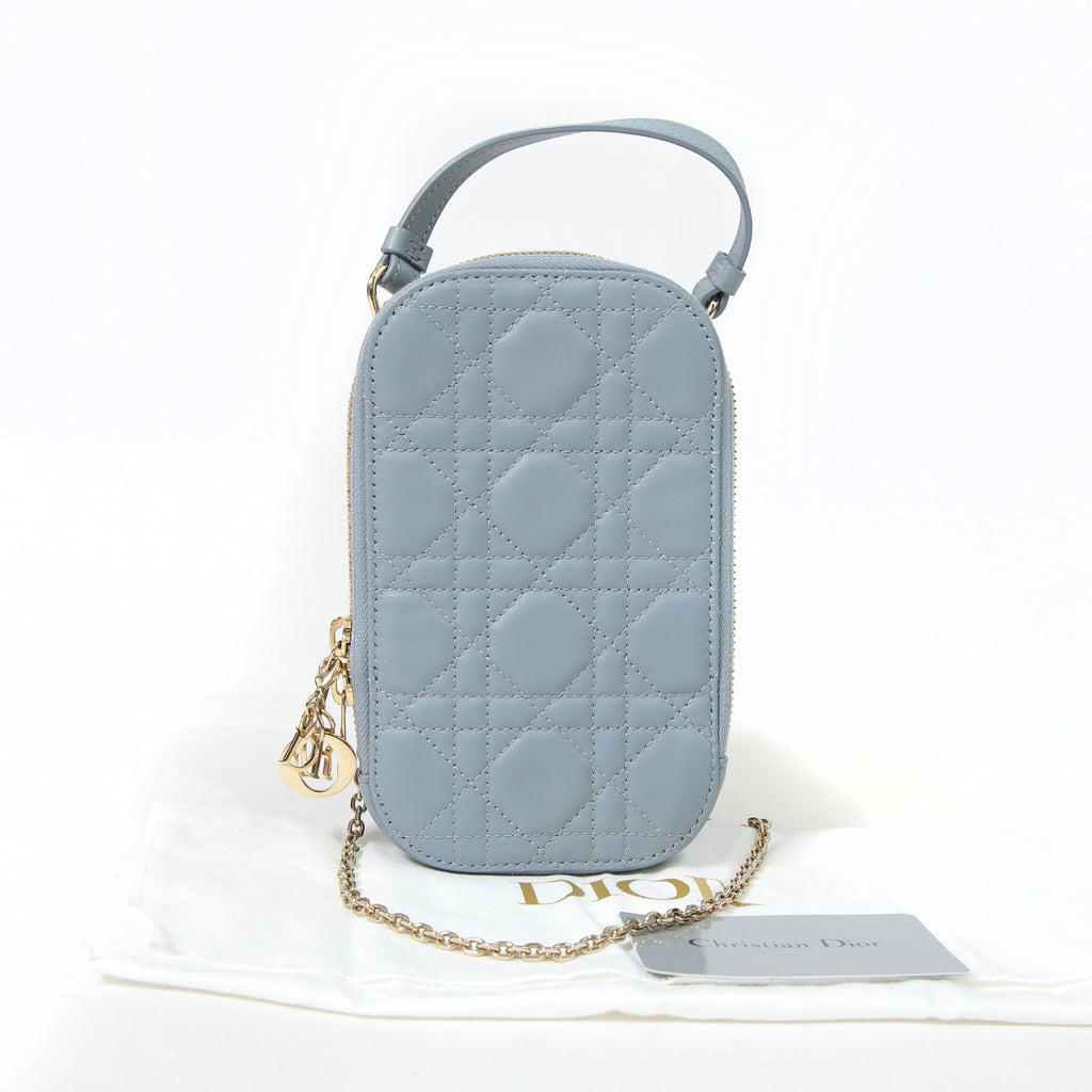Christian Dior クリスチャンディオール / 美品 Lady Dior Call'in Dior フォンホルダー カナージュ ラムスキン / ミニバッグ / クラウドブルー