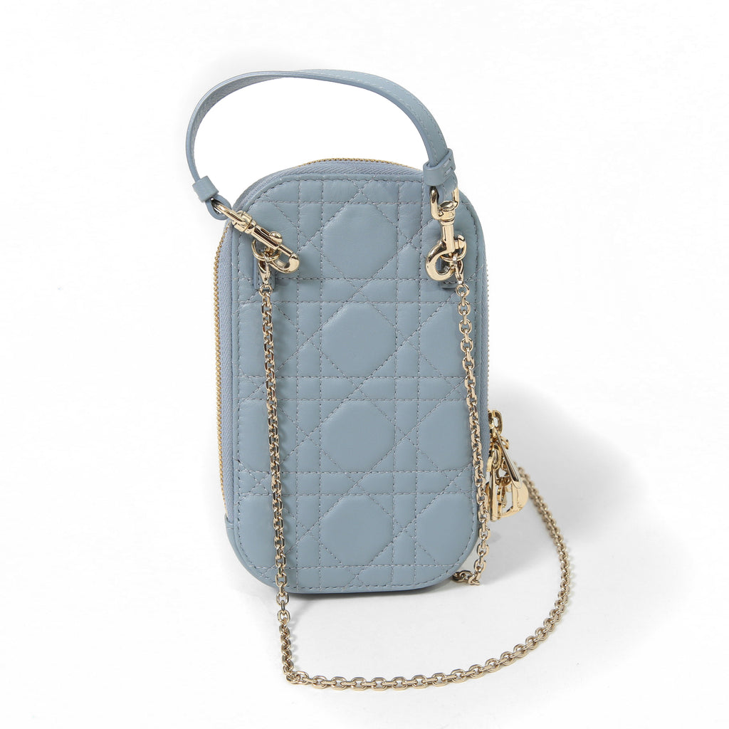 Christian Dior クリスチャンディオール / 美品 Lady Dior Call'in Dior フォンホルダー カナージュ ラムスキン / ミニバッグ / クラウドブルー