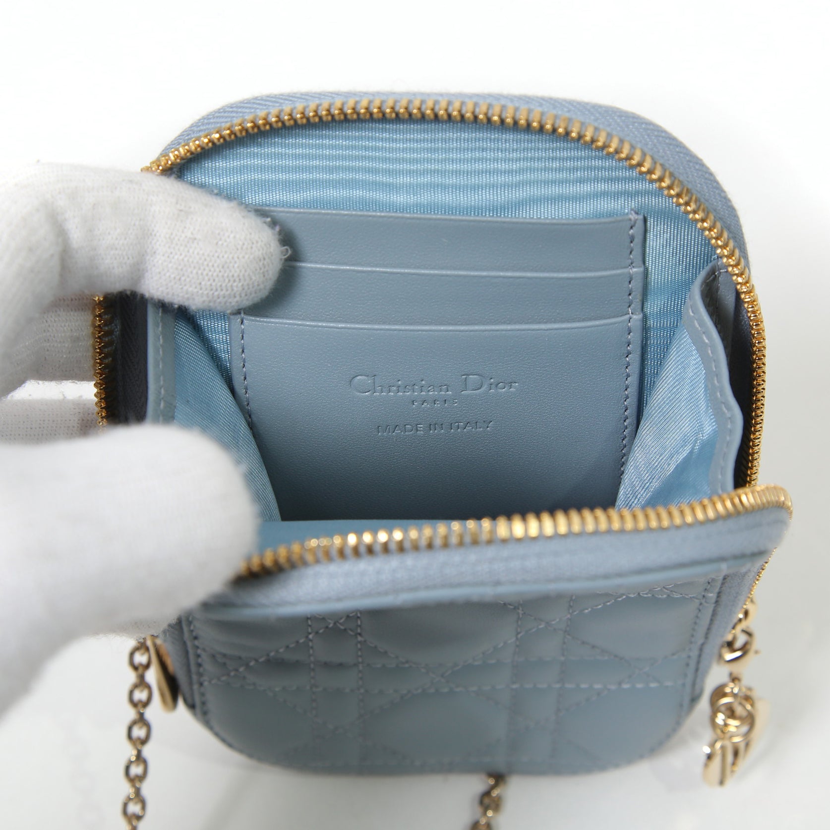 Christian Dior クリスチャンディオール / 美品 Lady Dior Call'in Dior フォンホルダー カナージュ ラムスキン / ミニバッグ / クラウドブルー