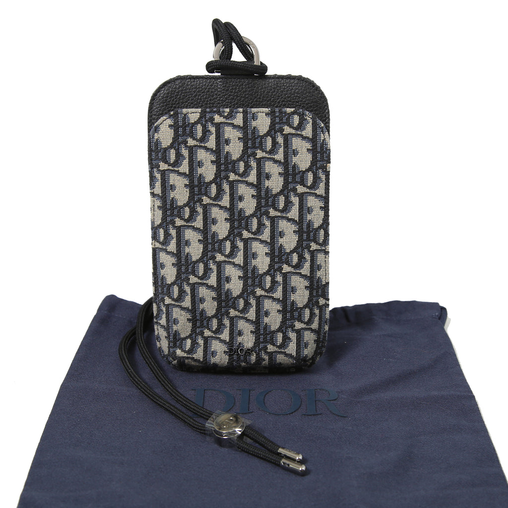 Chrstian Dior クリスチャンディオール / 美品 オブリーク ジャガード カーフスキン フォンポーチ / スマホ ショルダー バッグ (BLACK)