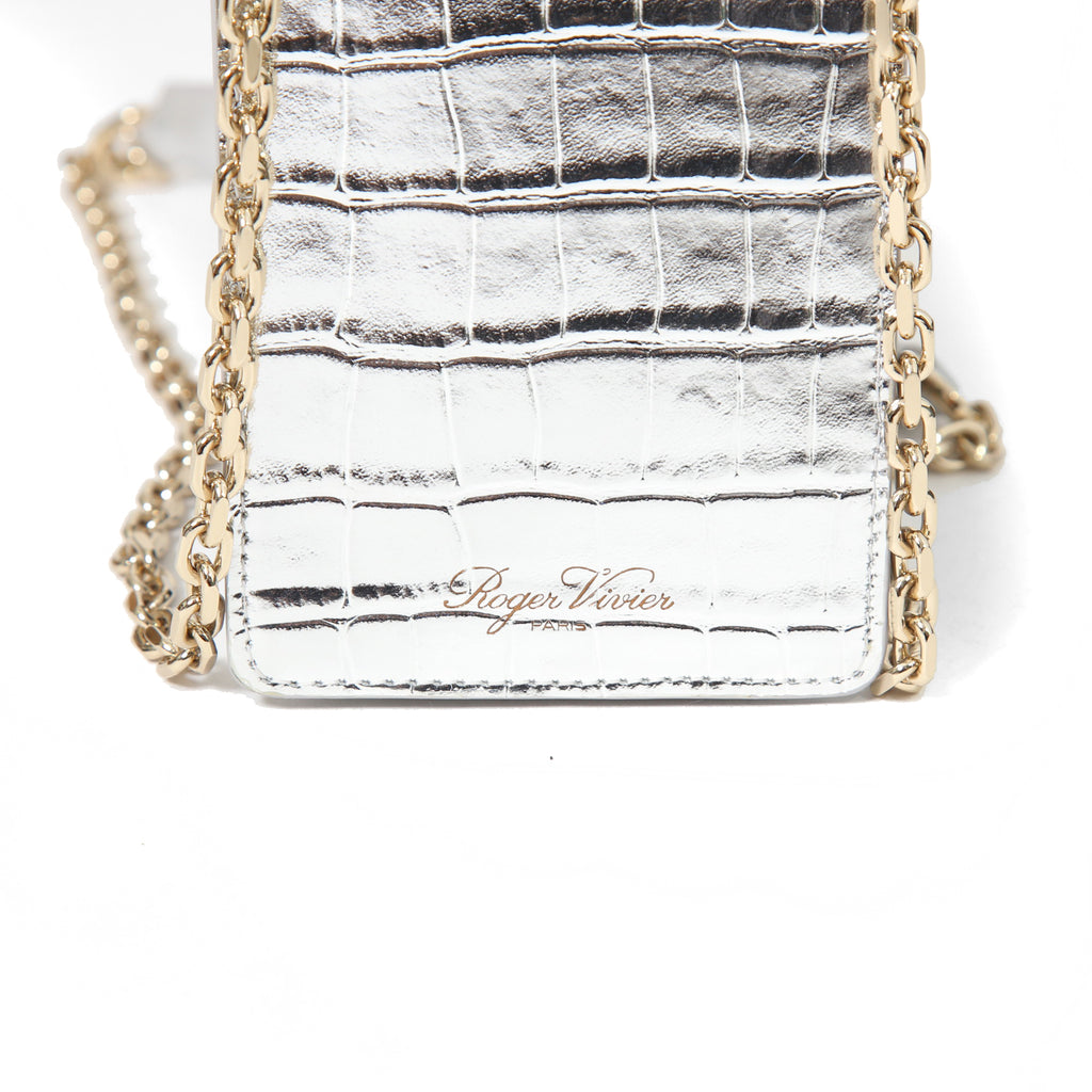 ROGER VIVIER ロジェ ヴィヴィエ/ 21SS 美品Miss Vivier Pocket in Pelle / クロコ型押し フォン ポーチ / スマホ ショルダー バッグ ケース / SILVER