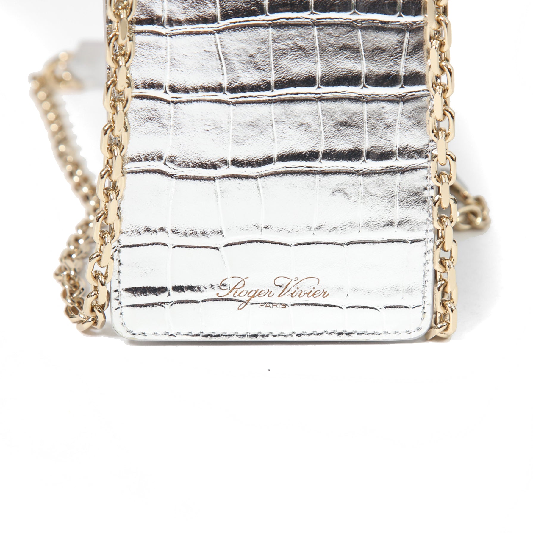 ROGER VIVIER ロジェ ヴィヴィエ/ 21SS 美品Miss Vivier Pocket in Pelle / クロコ型押し フォン ポーチ / スマホ ショルダー バッグ ケース / SILVER