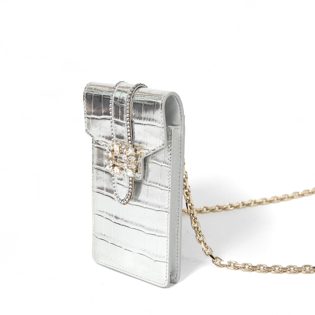 ROGER VIVIER ロジェ ヴィヴィエ/ 21SS 美品Miss Vivier Pocket in Pelle / クロコ型押し フォン ポーチ / スマホ ショルダー バッグ ケース / SILVER