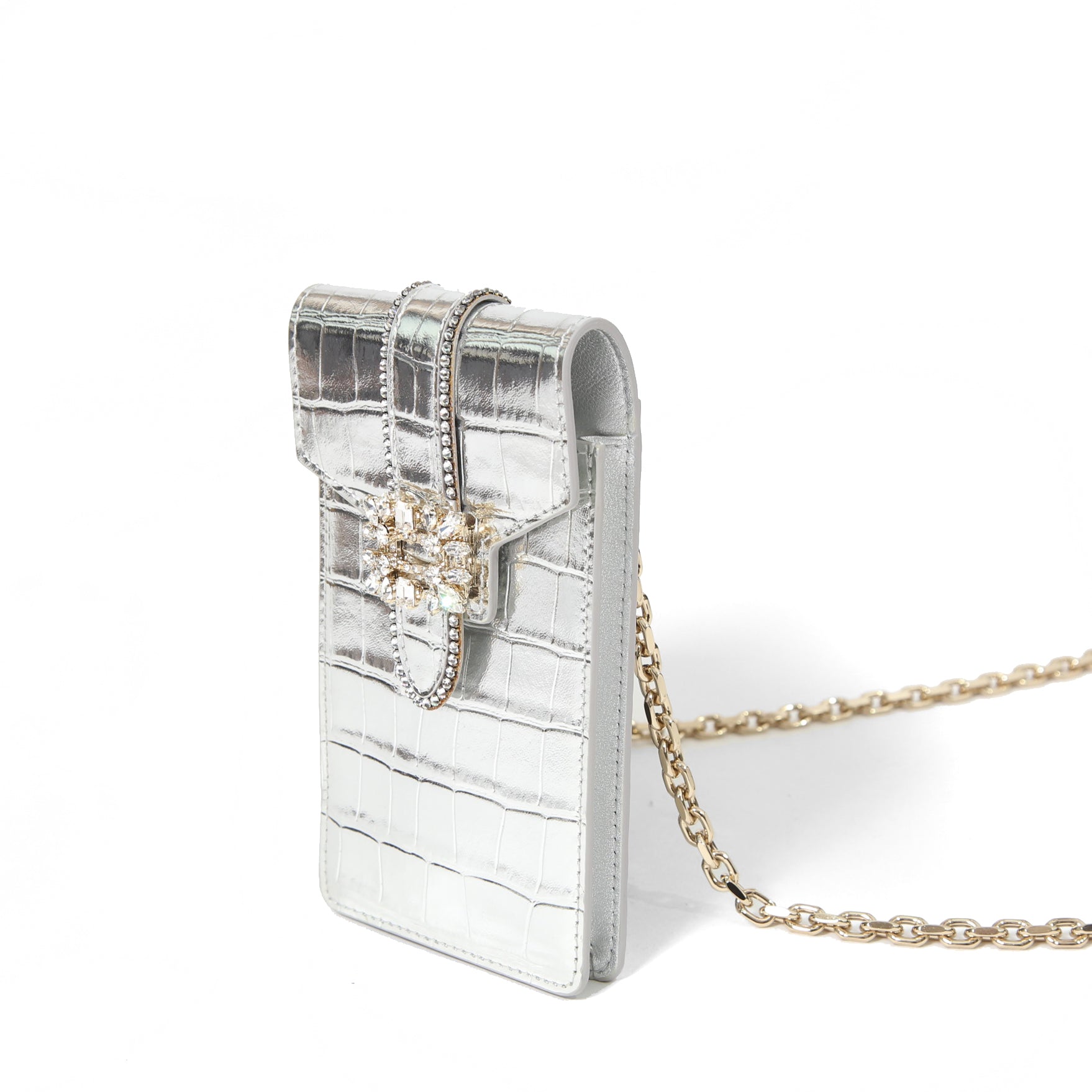 ROGER VIVIER ロジェ ヴィヴィエ/ 21SS 美品Miss Vivier Pocket in Pelle / クロコ型押し フォン ポーチ / スマホ ショルダー バッグ ケース / SILVER