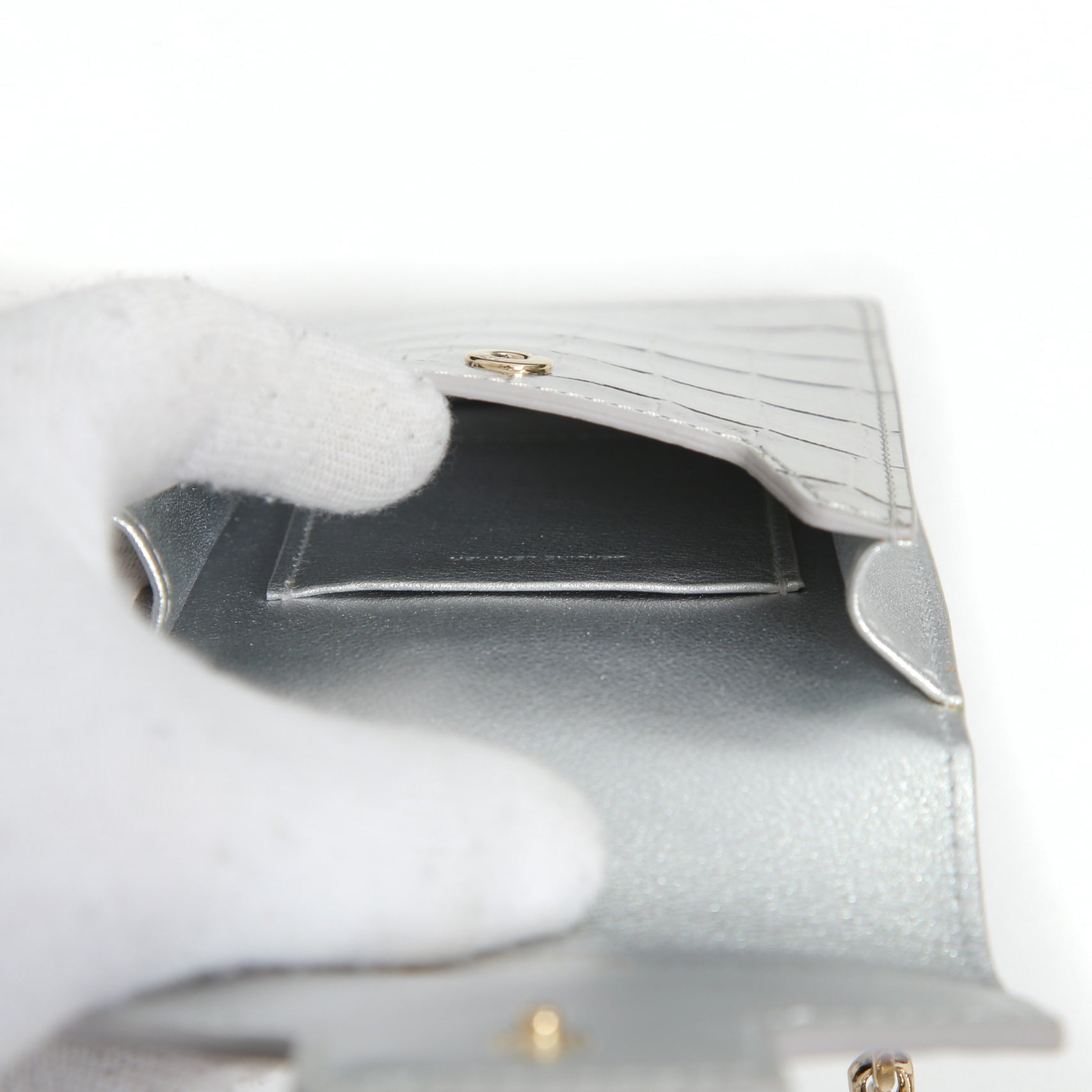 ROGER VIVIER ロジェ ヴィヴィエ/ 21SS 美品Miss Vivier Pocket in Pelle / クロコ型押し フォン ポーチ / スマホ ショルダー バッグ ケース / SILVER