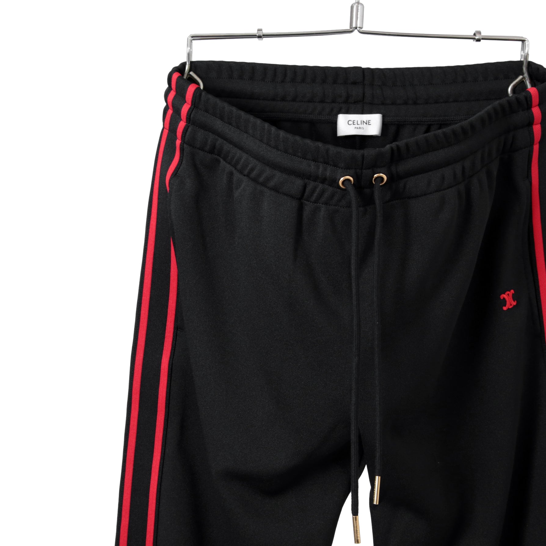 新品 CELINE セリーヌ / 21AWトリオンフ 刺繍 サイドライン トラックパンツ / 2Z344121O / size M (BLACK x RED)