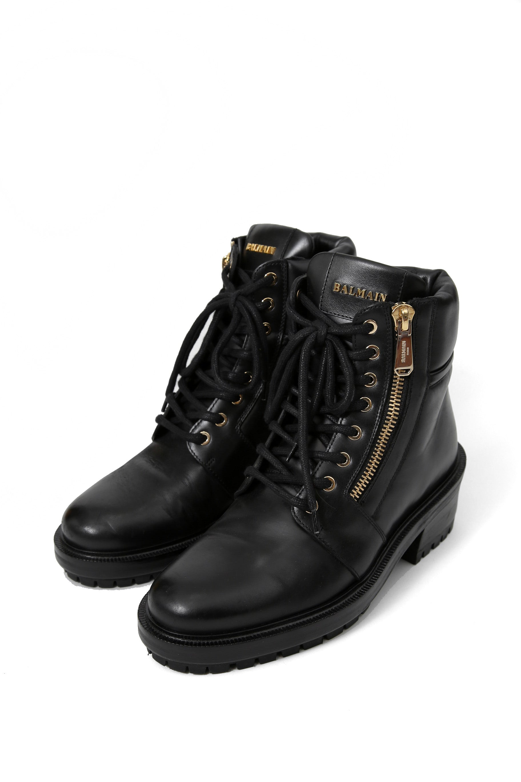 美品 BALMAIN HOMME バルマン オム / 定価 17万 サイドジップ レザー コンバット ブーツ / ゴールド ジップ / size 25cm (BLACK)