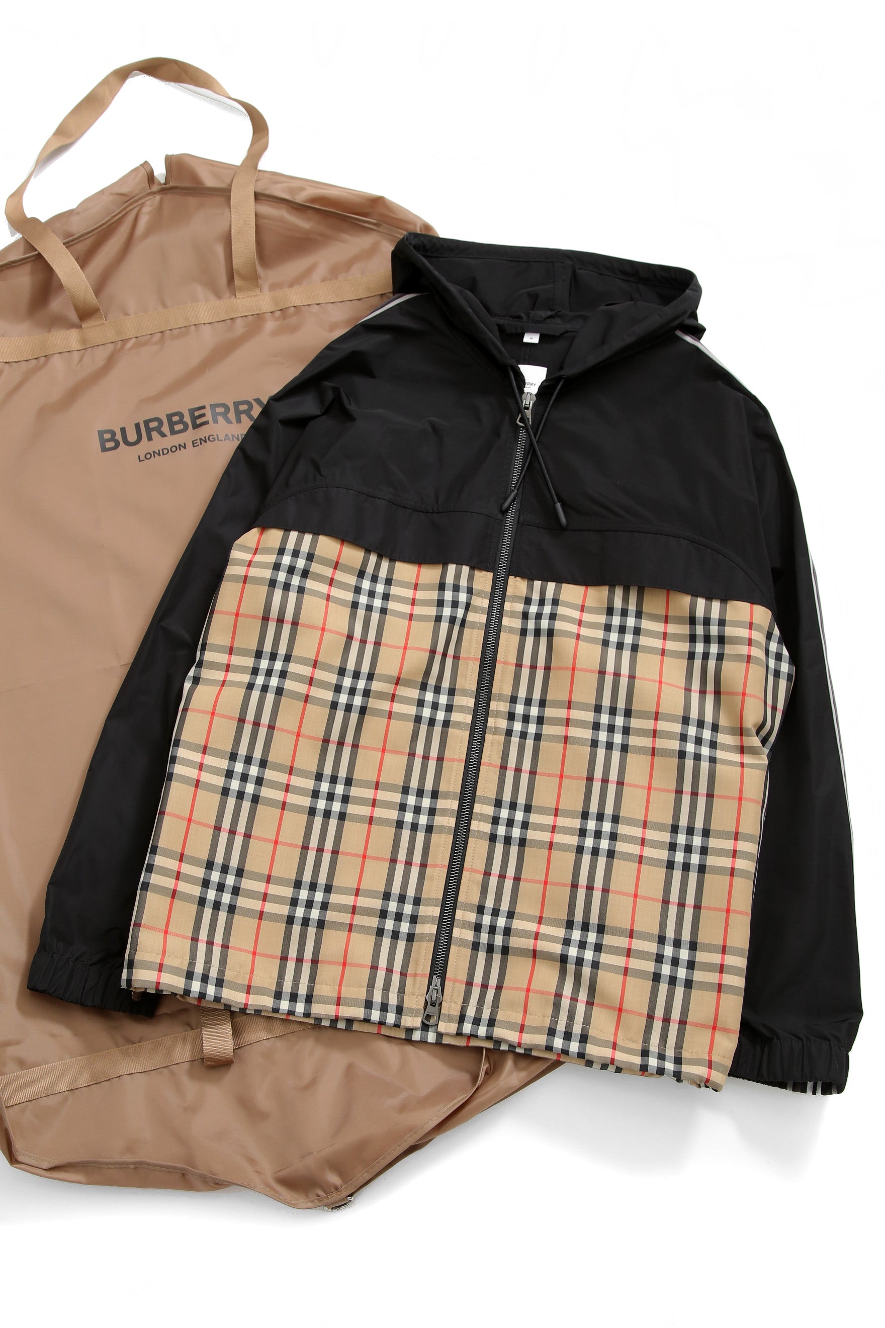 美品 BURBERRY バーバリー / チェックパネル シェイプメモリー タフタ フーデッド ジャケット size M (BGE x BLK) マウンテンパーカー