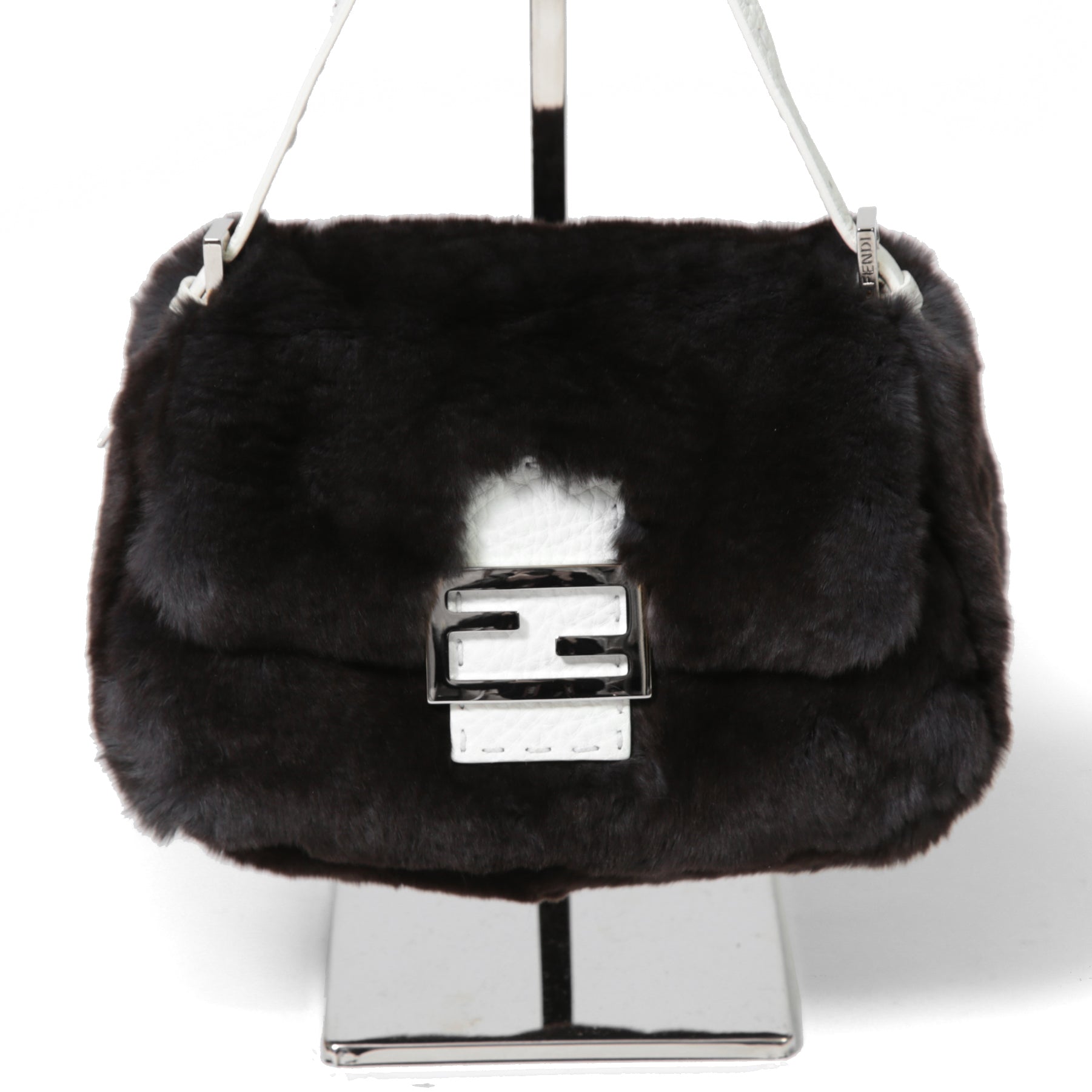 FENDI フェンディ / Mamma Baguette Selleria マンマ バゲット セレリア / ワンショルダーバッグ / ミンクファー ローマ レザー（牛革） / BLACK x WHITE