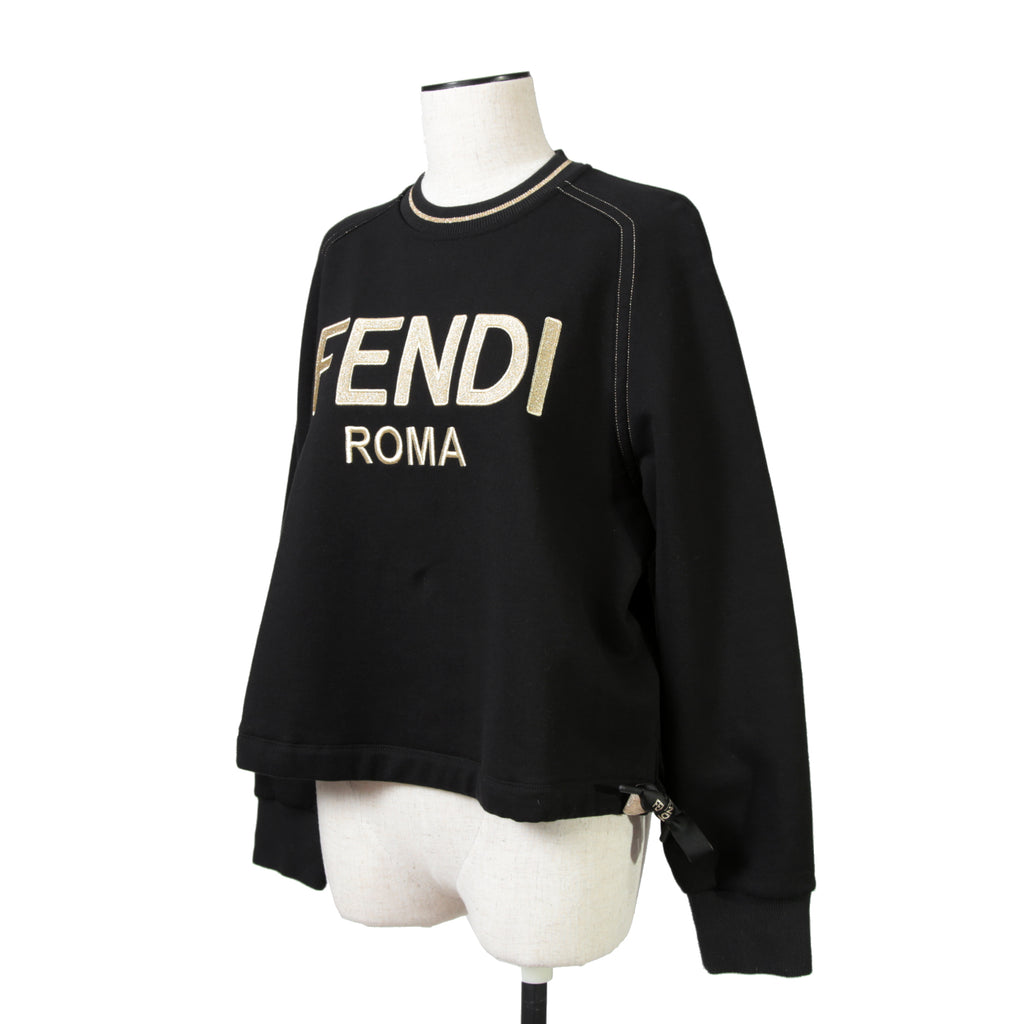 FENDI フェンディ / 美品  FENDI ROMA刺繍  ショート丈 サイドリボン スウェット プルオーバー / FS7102 AC6A / size 40 （BLACK） レディース